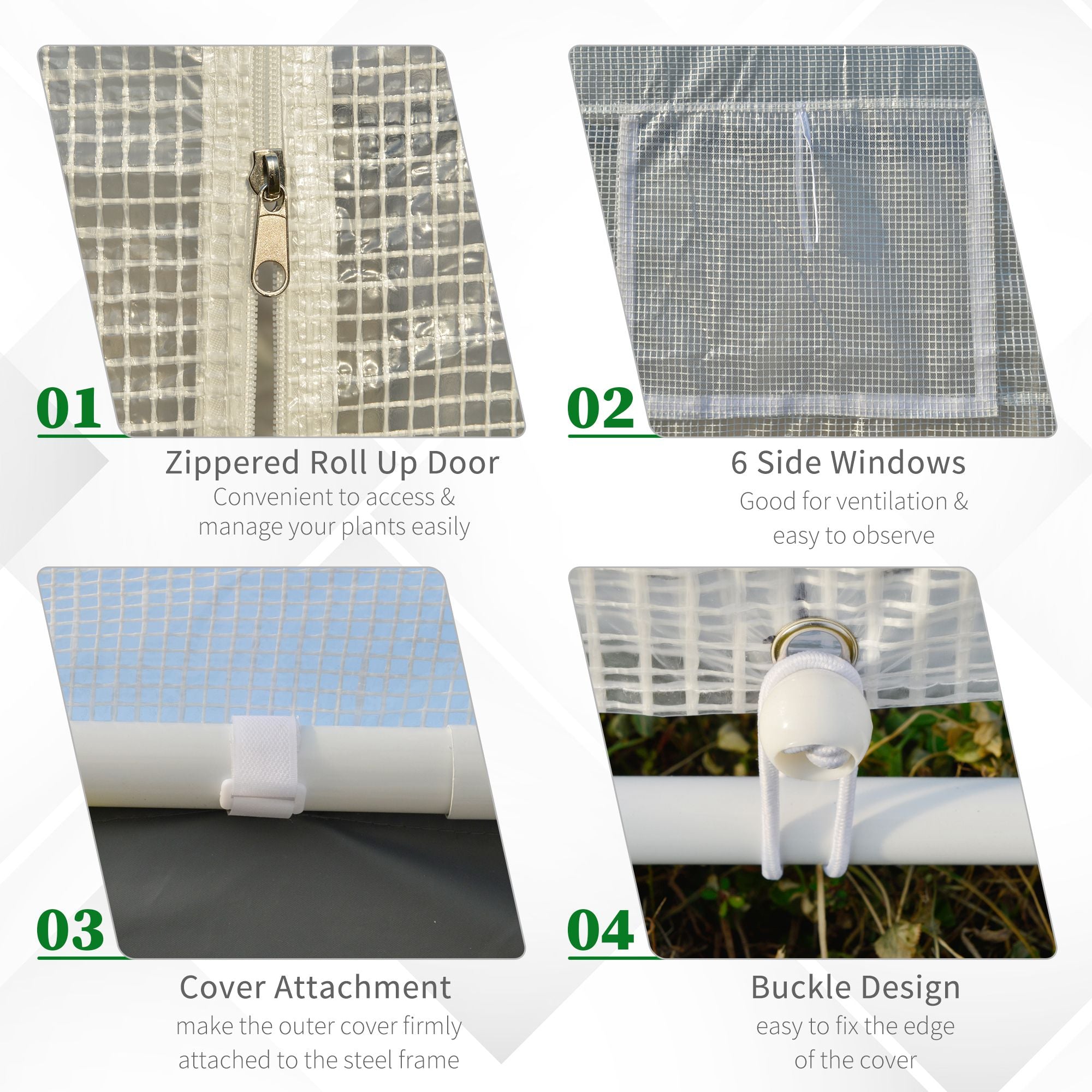 20' L x 10' W x 9' H Large Walk-in Greenhouse with Roll Up Door, 8 Closeable Windows, & Weather PE Cover - White - Image 6