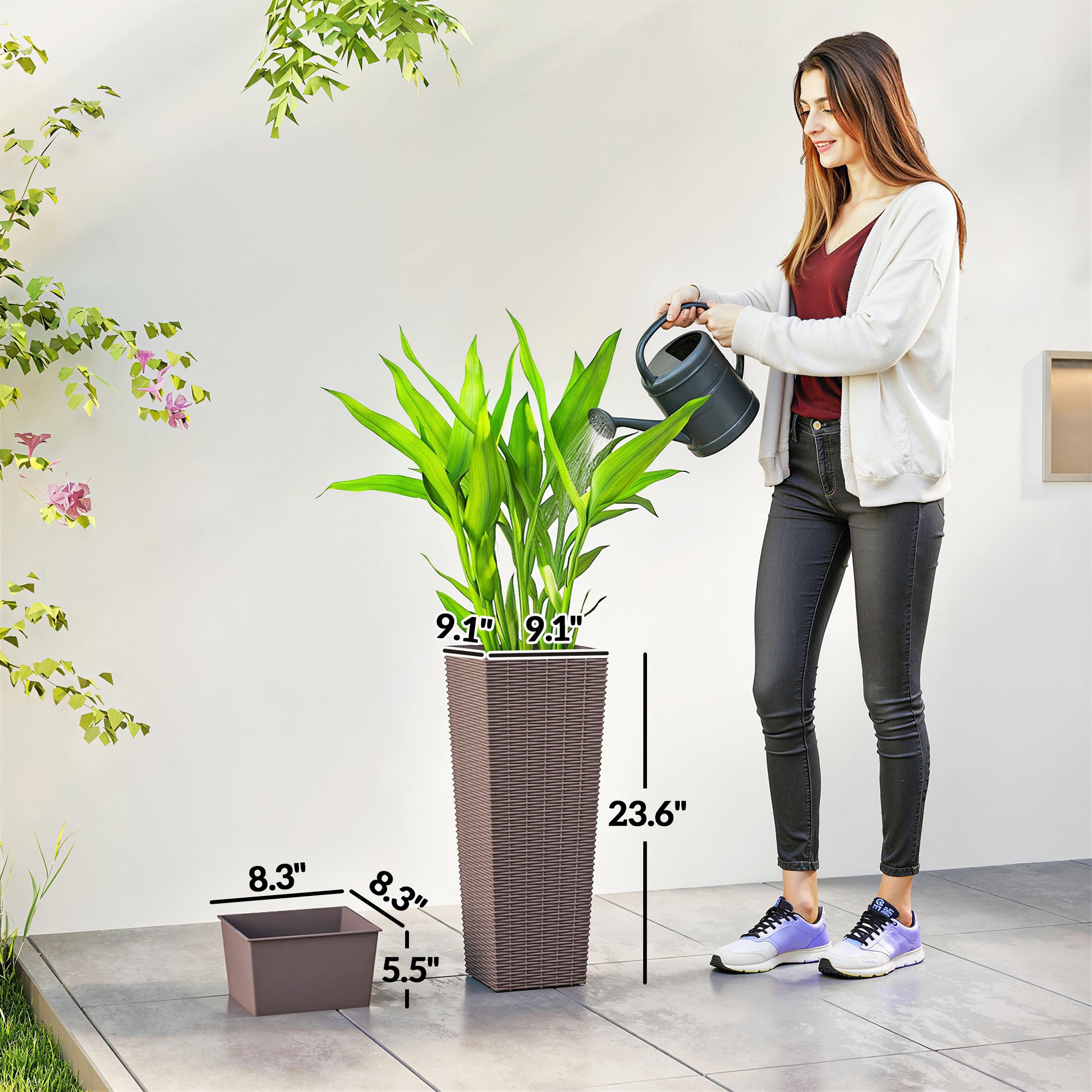 23.6 Inch Tall Planters for Outdoor Plants, Set of 2 Plastic Flower Pots with Drainage Holes, Brown - Brown - Image 3