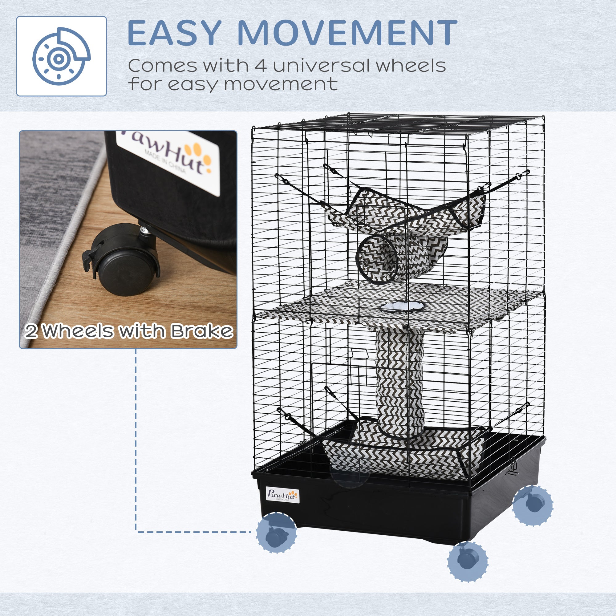 42" Ferret Cage, Small Animal Habitat Metal Pet Cage with Wheels Brakes, Hammocks, Hanging Tunnels, and 3 Doors, Black - black - Image 5