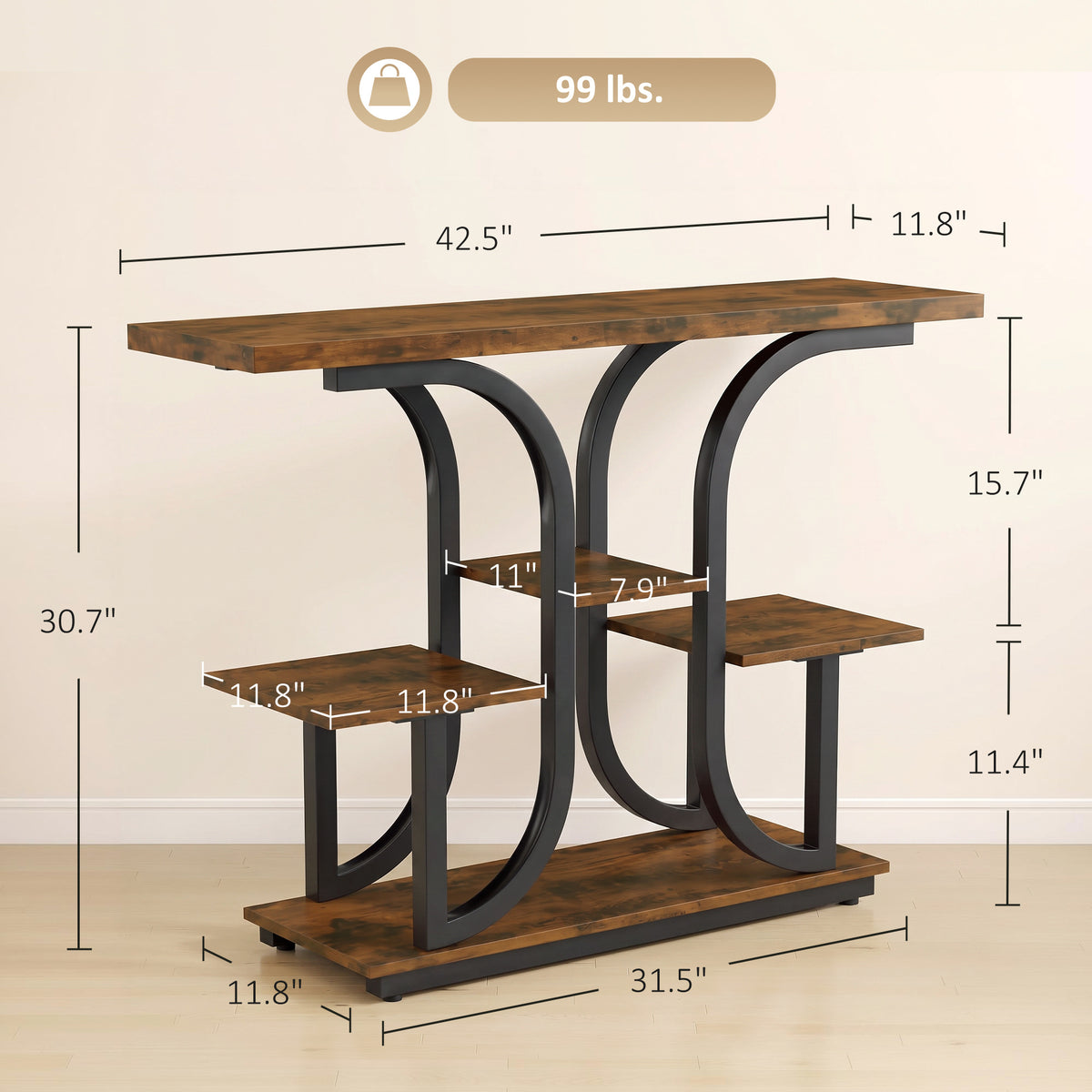 42.5" Modern Console Table, 3-Tier Narrow Entryway Table with Open Storage Shelves for Entryway, Rustic Brown