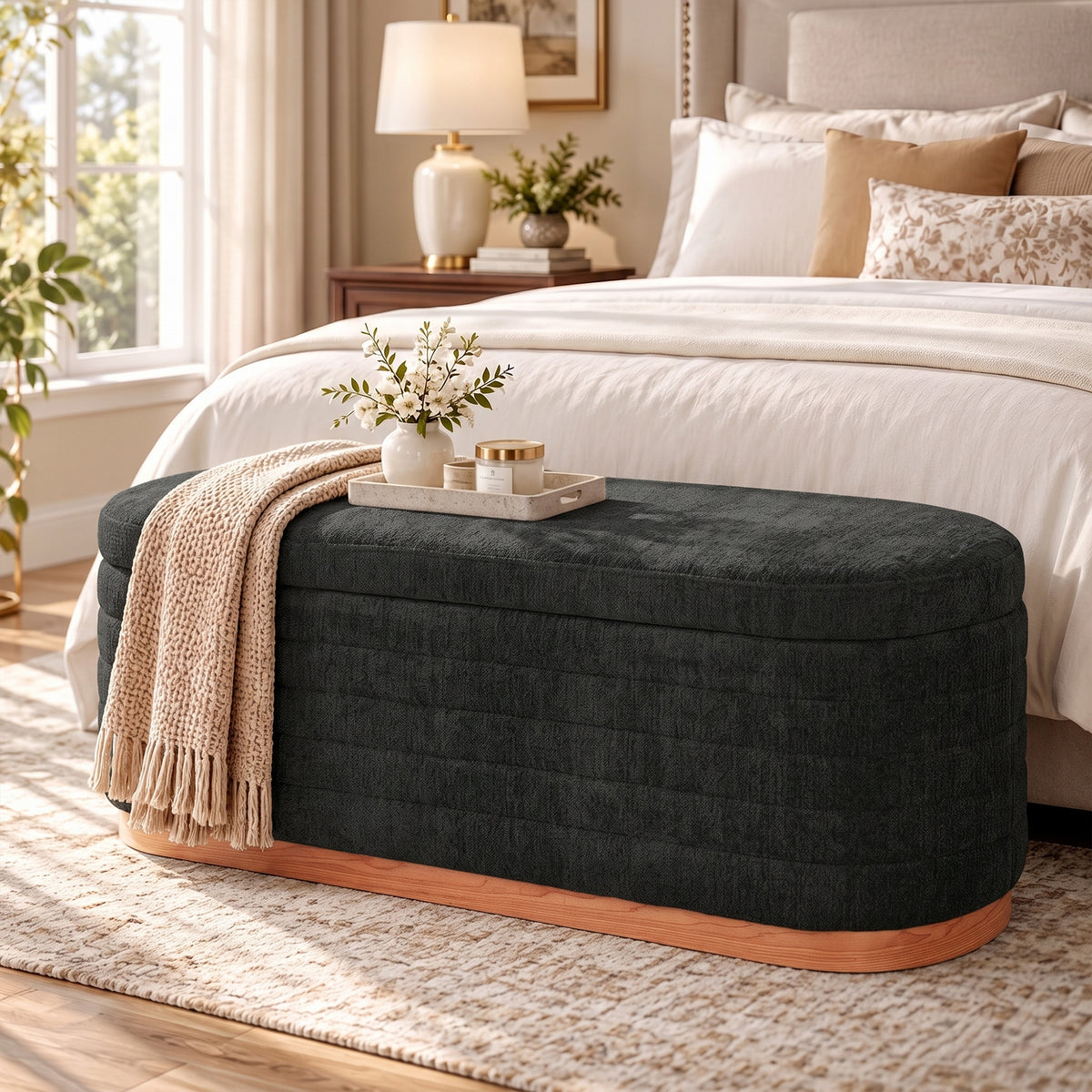 Storage Ottoman Bench Oval Chenille Upholstered Ottoman with Storage Chest, Dark Gray