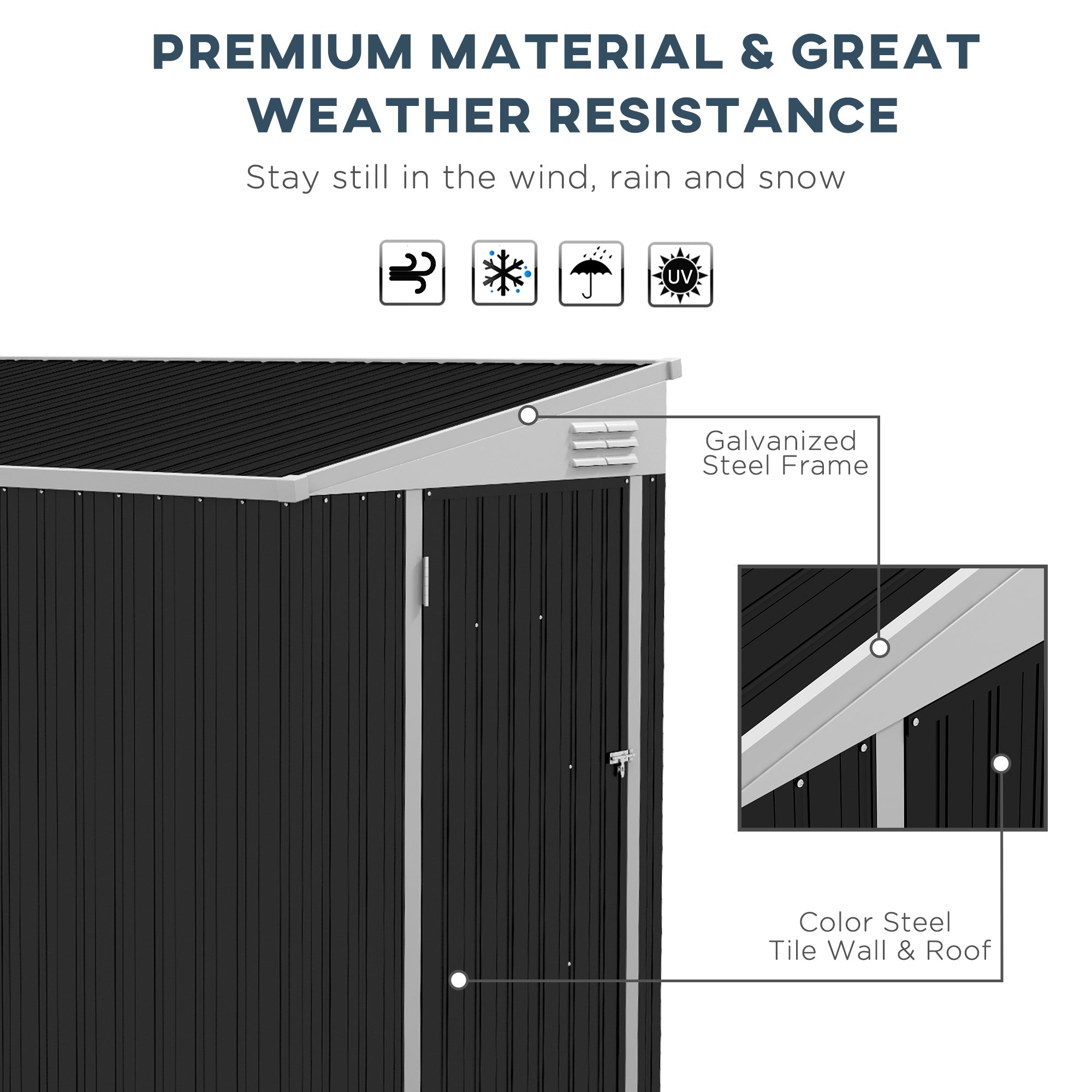4' x 8' Lean to Garden Storage Shed, Outdoor Metal Tool House with Lockable Door Vents for Backyard Patio Lawn, Gray - Dark Gray - Image 5