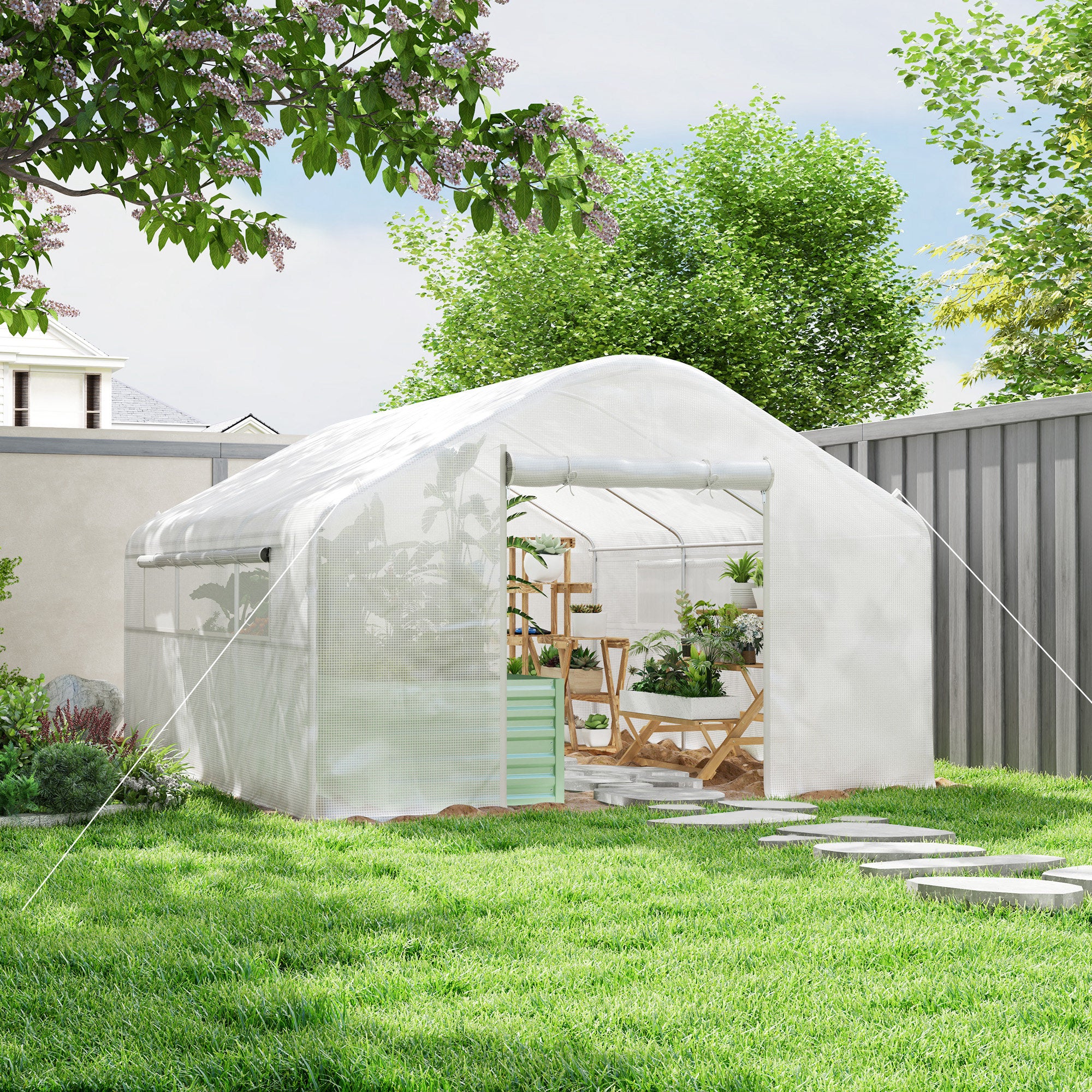 13' x 10' x 6.5' Tunnel Greenhouse Hoop House with Upgraded Galvanized Steel Frame and Large Windows, White - White - Image 2