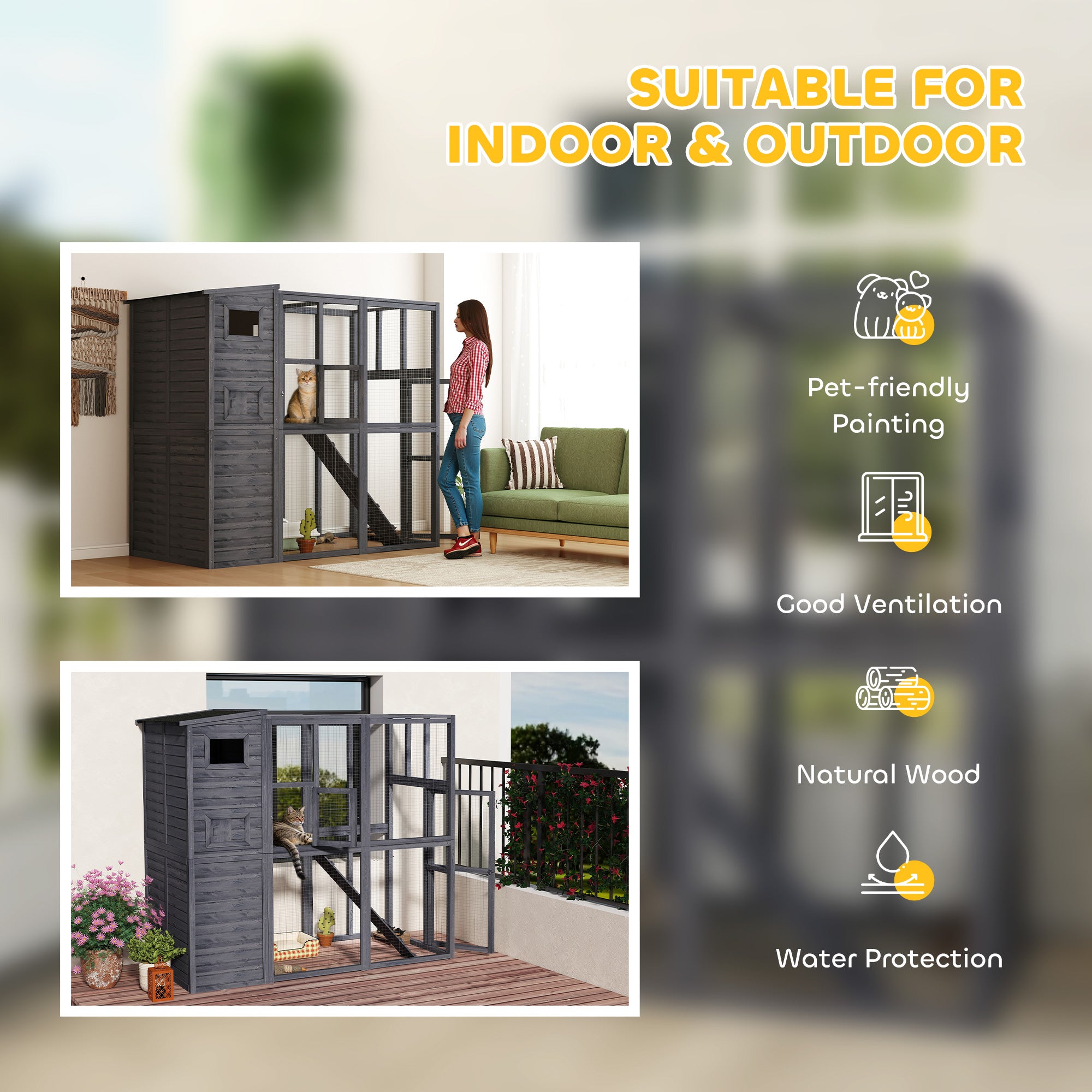 Wooden Outdoor Catio with Platforms, Asphalt Roof, Ramps, Gray - Gray - Image 4