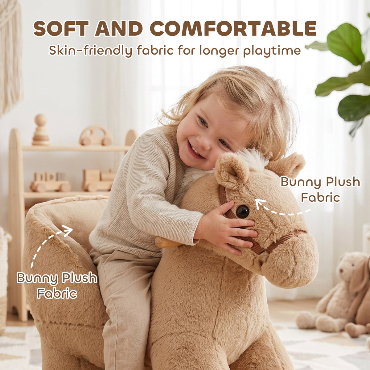 Rocking Horse with Seat Belt, Plush Ride-On Rocker with Realistic Sound for Toddlers Ages 18-36 Months, Brown