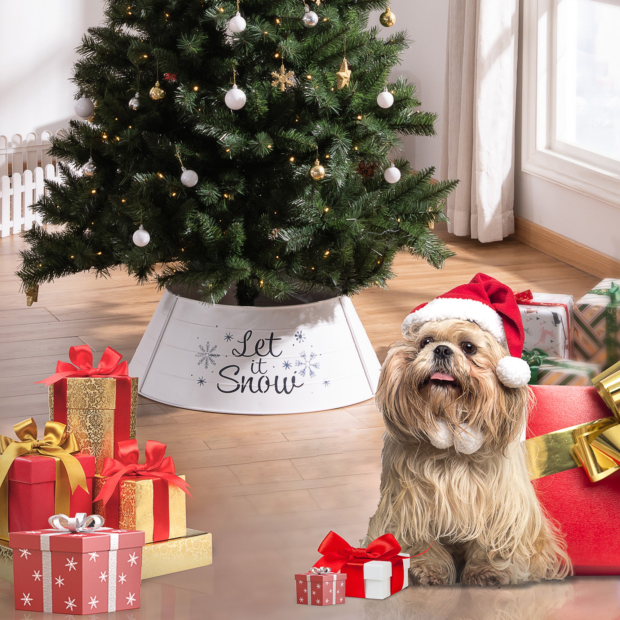 Christmas Tree Collar, Steel Tree Ring Skirt, Home Xmas Decoration for Christmas Tree, 26" x 26" x 9", White