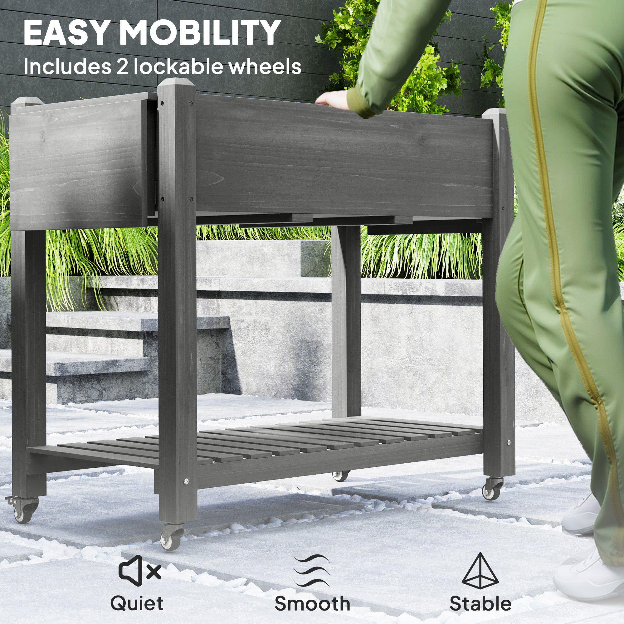 Wood Raised Planter Box, Elevated Garden Bed with Lockable Wheels, Side Tables, Bottom Shelf, Drain Holes, Gray - Gray - Image 5