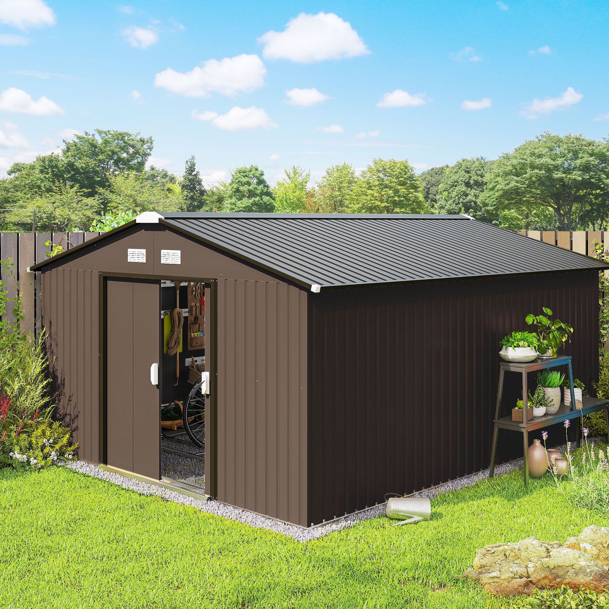 Metal Large Shed with Double Locking Doors Sloped Roof for Garden Tool, Bike Storage, Brown - Brown - Image 2