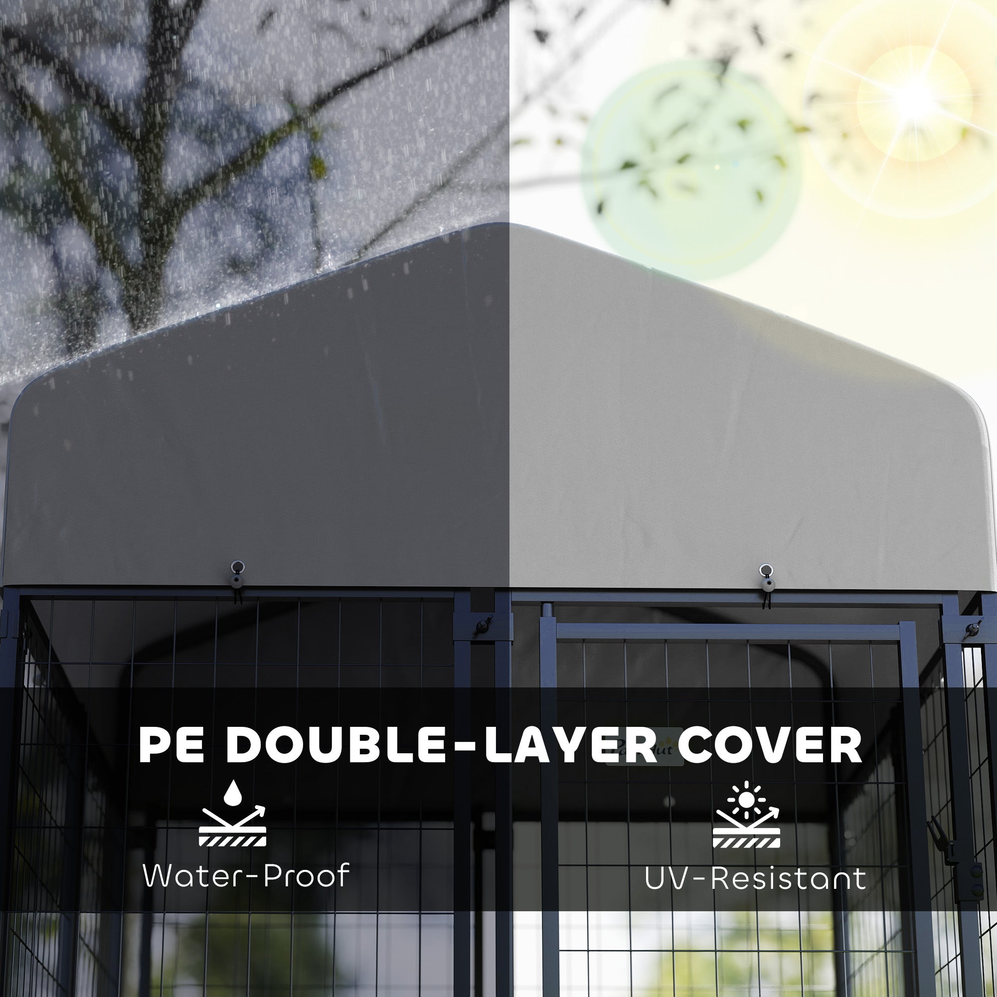 Welded Wire Outdoor Dog Kennel with 360° Rotating & 4 Levels Adjustable Bowls, Waterproof Cover, 3.9' x 3.9' x 4.5' - Silver - Image 5