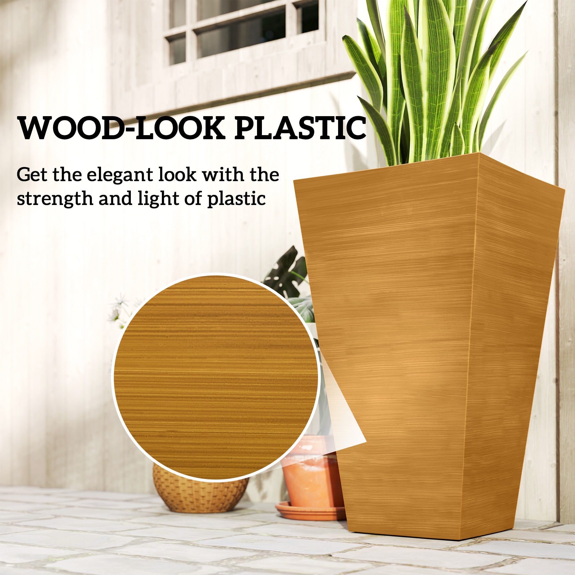 Set of 3 Tall Planters, 28" Outdoor Planter w/ Drainage Holes, Faux Wood Plastic Flower Pots, Light Brown - Brown - Image 6