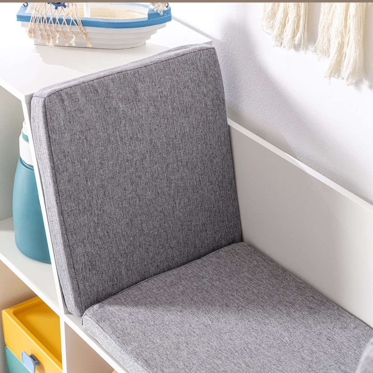 6-Cubby Kids Bookcase with Reading Nook and Cushion, Multi-Purpose Storage Organizer for Bedroom, Living Room, Pure White