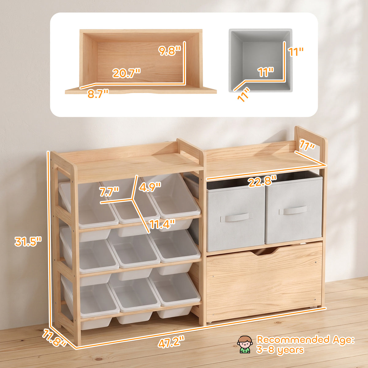 Wooden Toy Storage Organizer with Rolling Toy Chest, 2 Fabric Drawers, 2 Shelves, 9 Bins for Bedroom, Playroom, Nursery