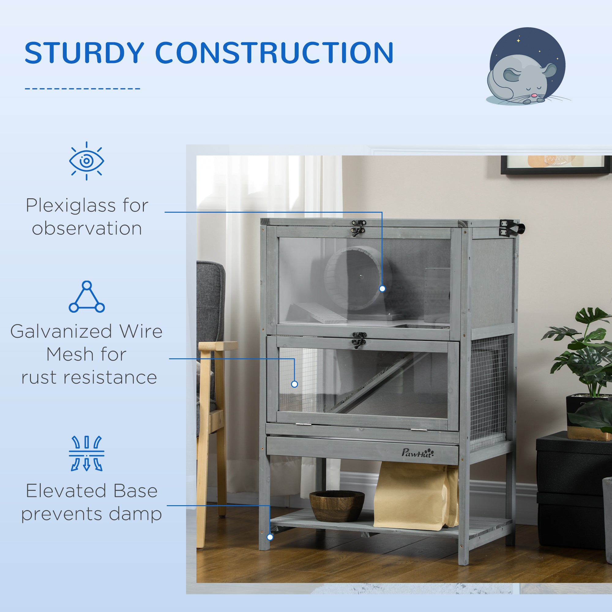 Wooden Hamster Cage with Storage Shelf, Large Rat Mouse Habitat Including Seesaw, Small Animal Cage with Sliding Tray, Wide Ramp for Racing, Running Wheel, 35.5" H - Grey - Image 7