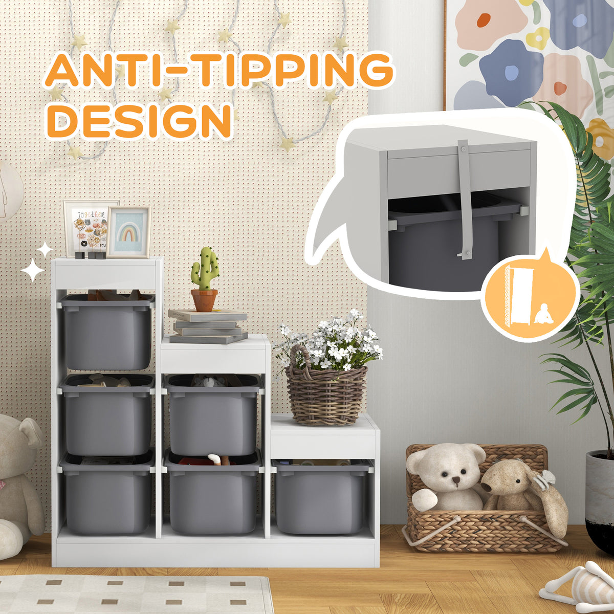 Qaba 3 Layers Kids Toy Storage Organizer with 6 Storage Bins, Kids Bookshelf for Ages 3-8 Years, Play Room, Bedroom, Gray