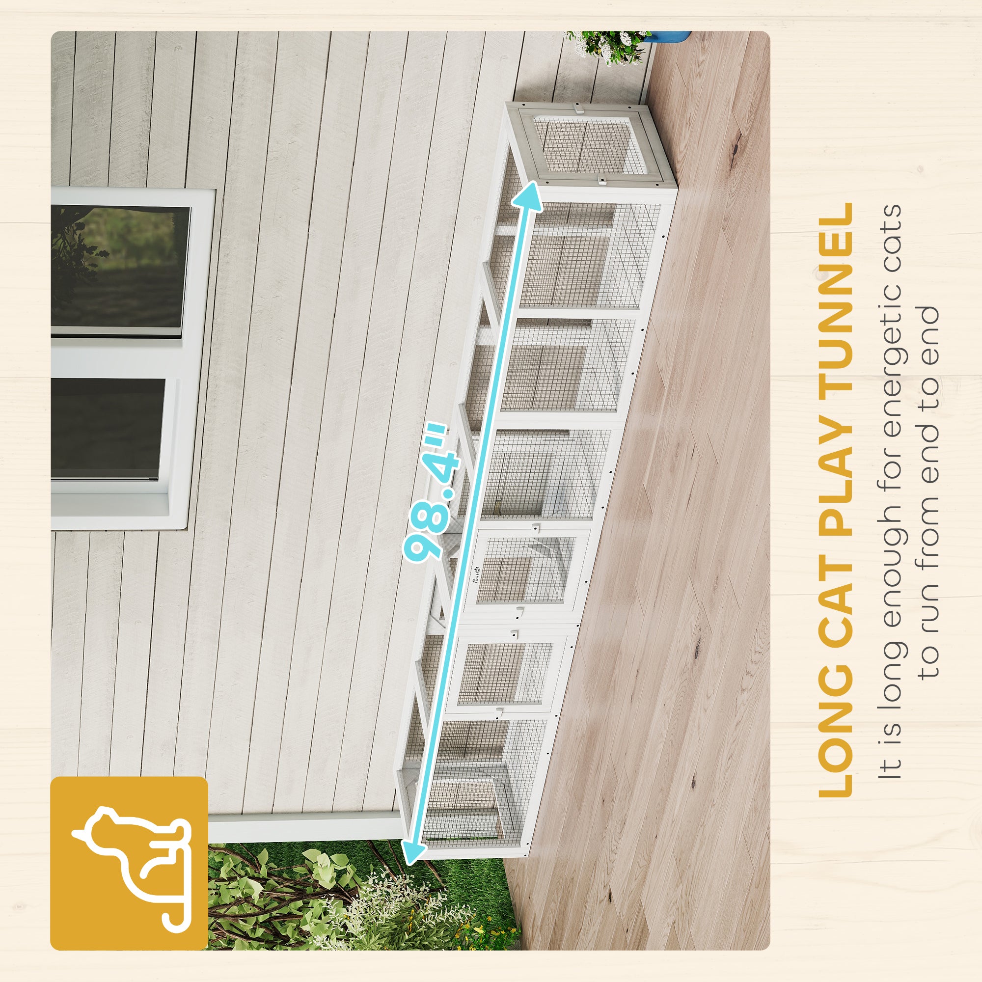 Wooden 98" Cat Tunnel for Outdoor with Combinable Design, 8 Doors, White - White - Image 7