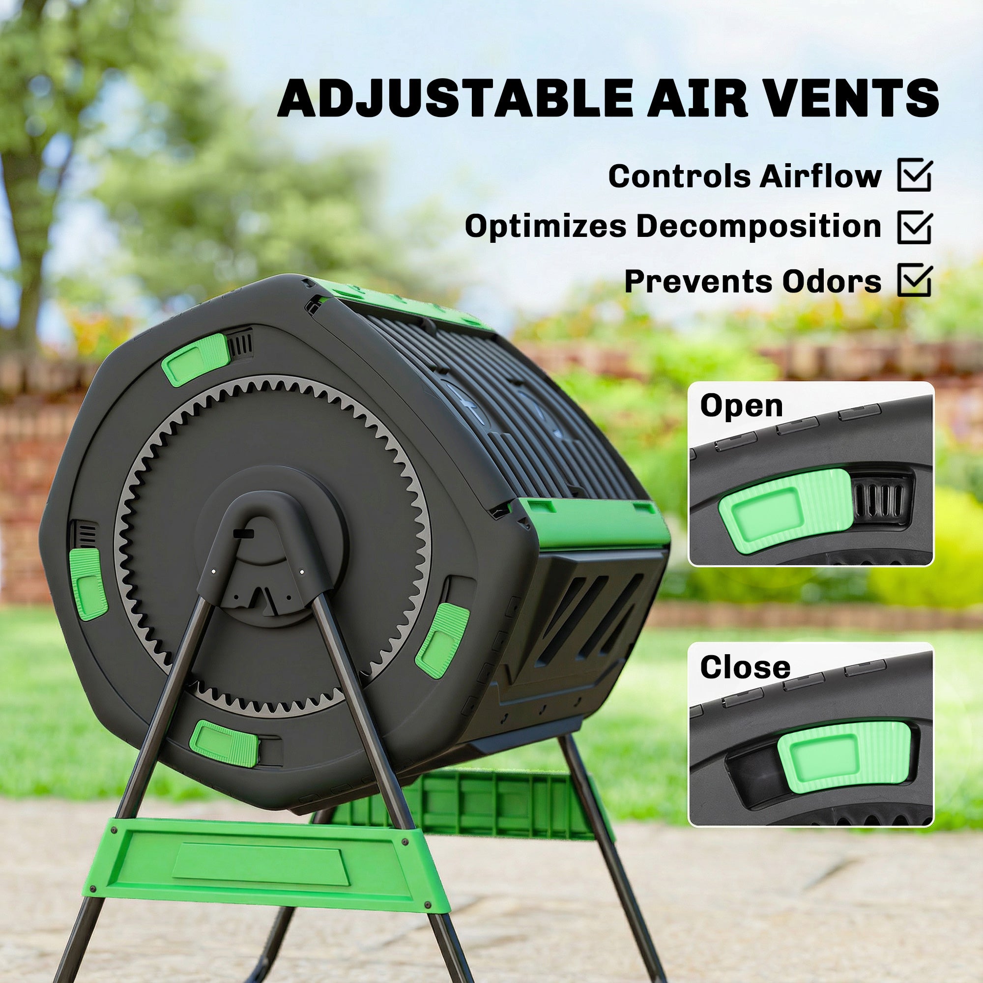 Compost Bin Outdoor, 53 Gal Dual Chamber Tumbling Composter with Adjustable Vents, BPA Free Tumbling Composter, Green - Green - Image 7
