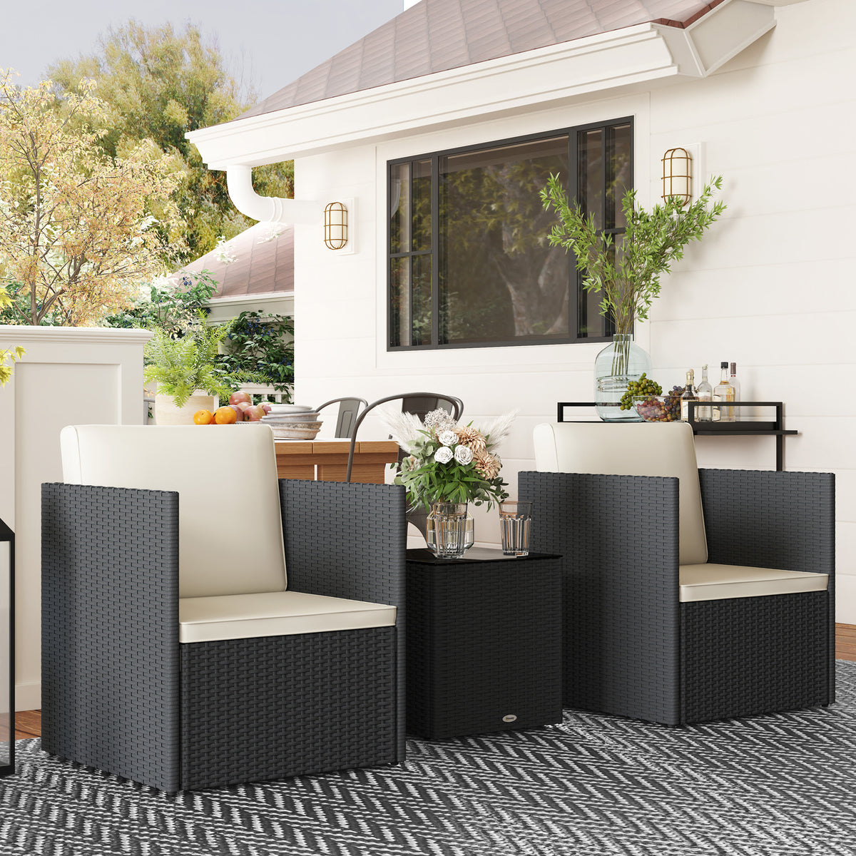 Folding Wicker Bistro Set, 3 Piece Patio Furniture Set with Cushions and Glass Coffee Table for Porch, Balcony, Black