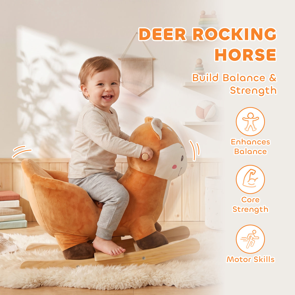 Baby Rocking Horse, Spotted Deer Rocking Horse Toy with Sounds, Seat Belt and Widened Base for Toddlers 1-3 Y, Brown