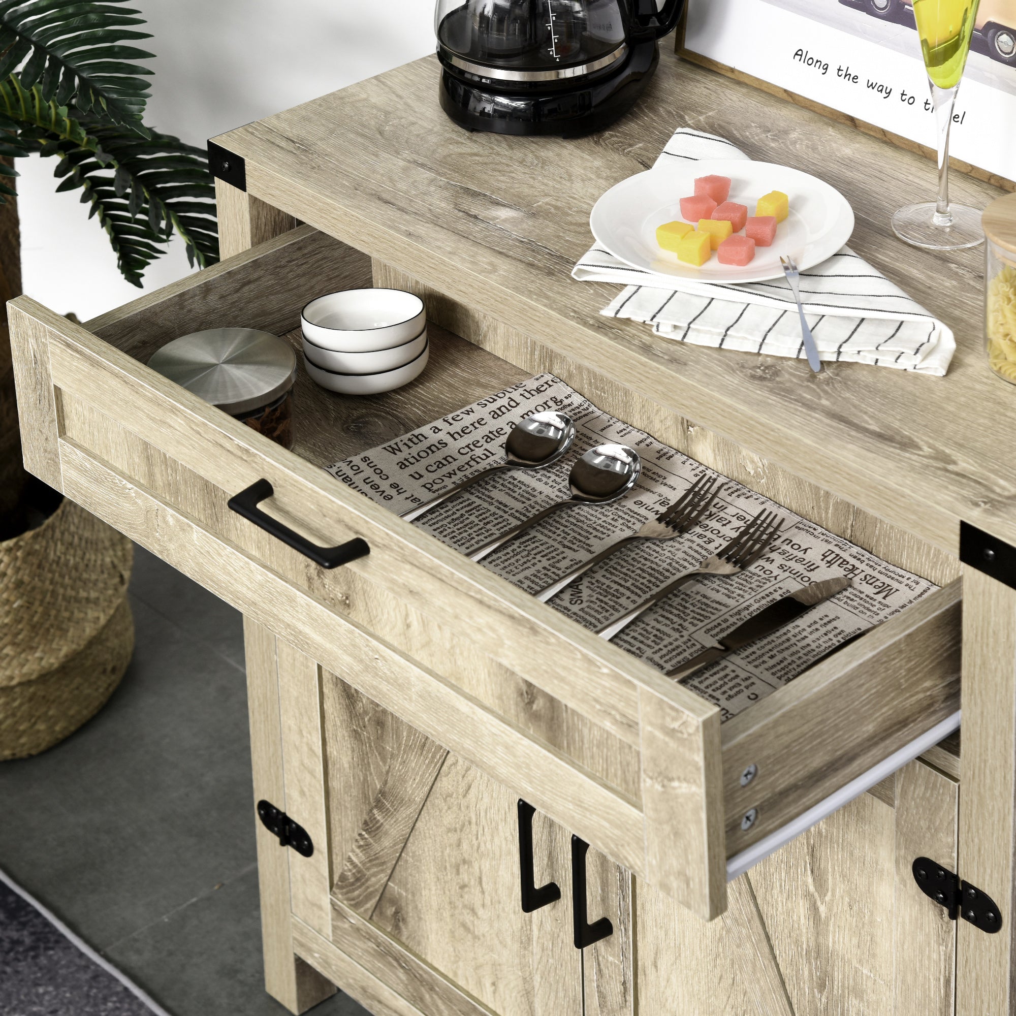 Modern Farmhouse Sideboard with Storage, Buffet Cabinet with 2 Barn Doors and Drawer for Dining Room, Oak