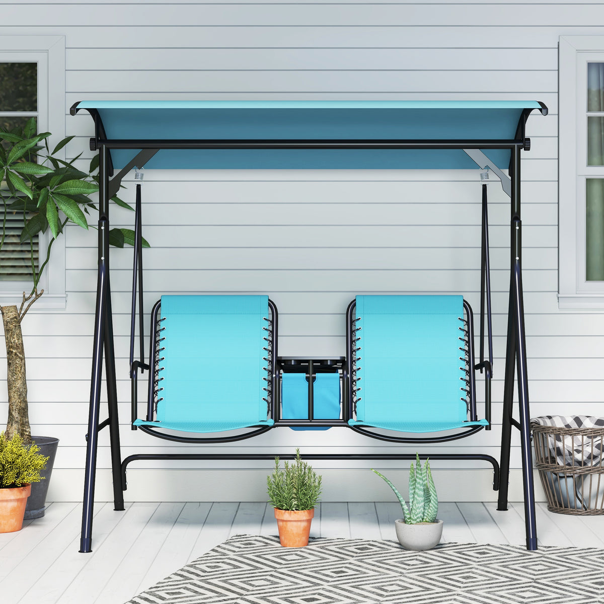 2 Person Porch Swing with Canopy, Storage Table, Cup Holder, Blue