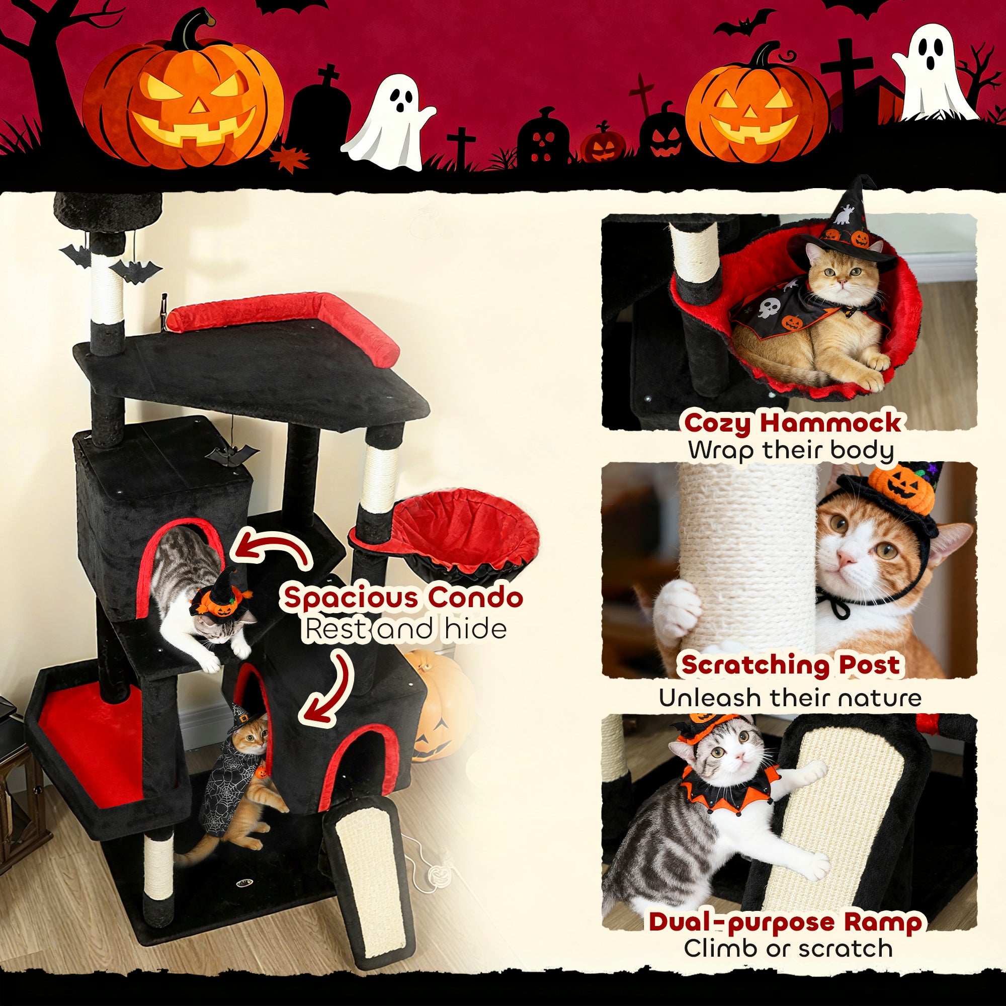 78" Gothic Cat Tree, Cat Tower with Coffin Bed, 2 Spacious Condos, Sisal Scratching Posts, Bat Hanging Balls, Halloween - Black - Image 7