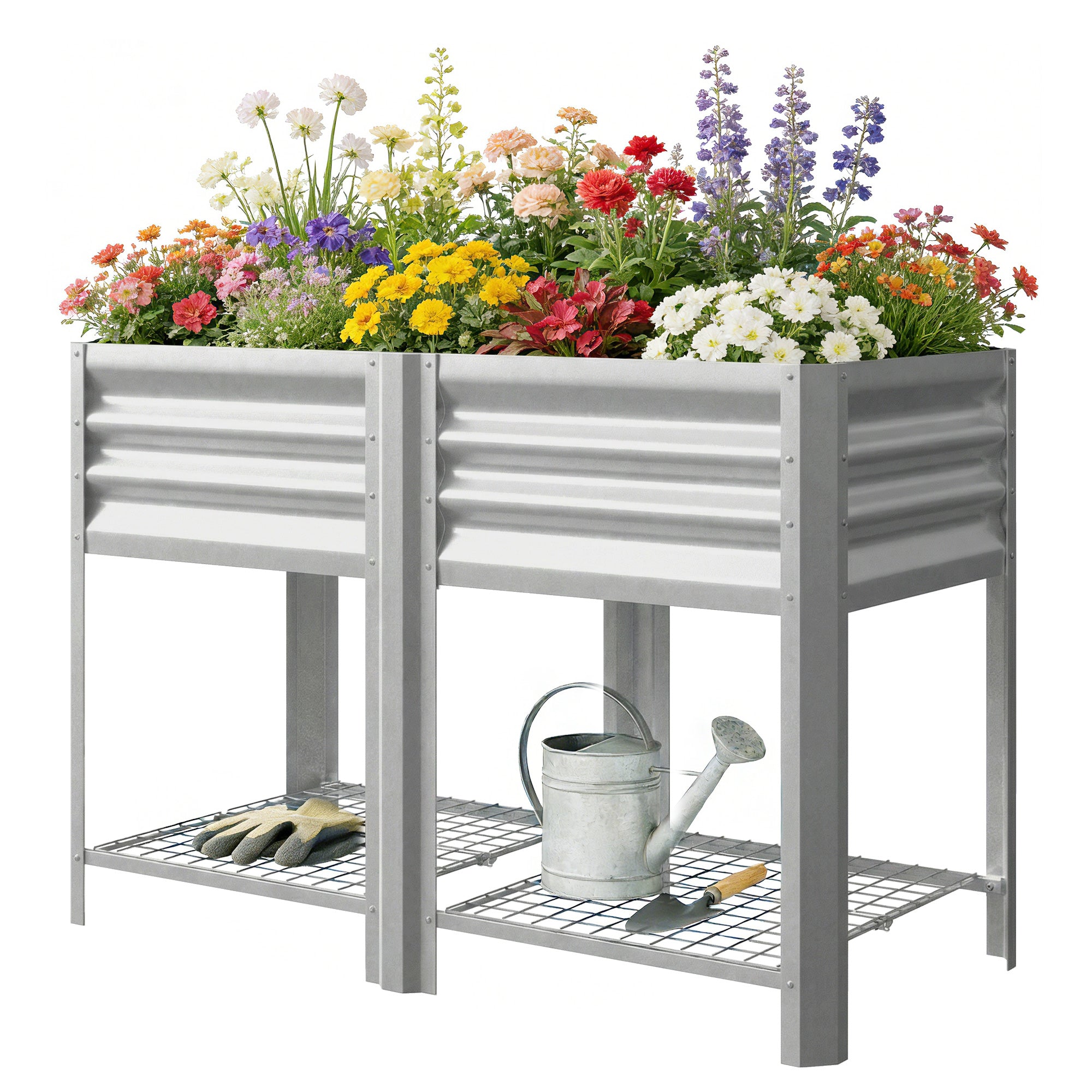 Raised Garden Bed Galvanized Steel, Elevated Planter Box with Storage Shelf, Bed Liner, 31.5" High, Silver