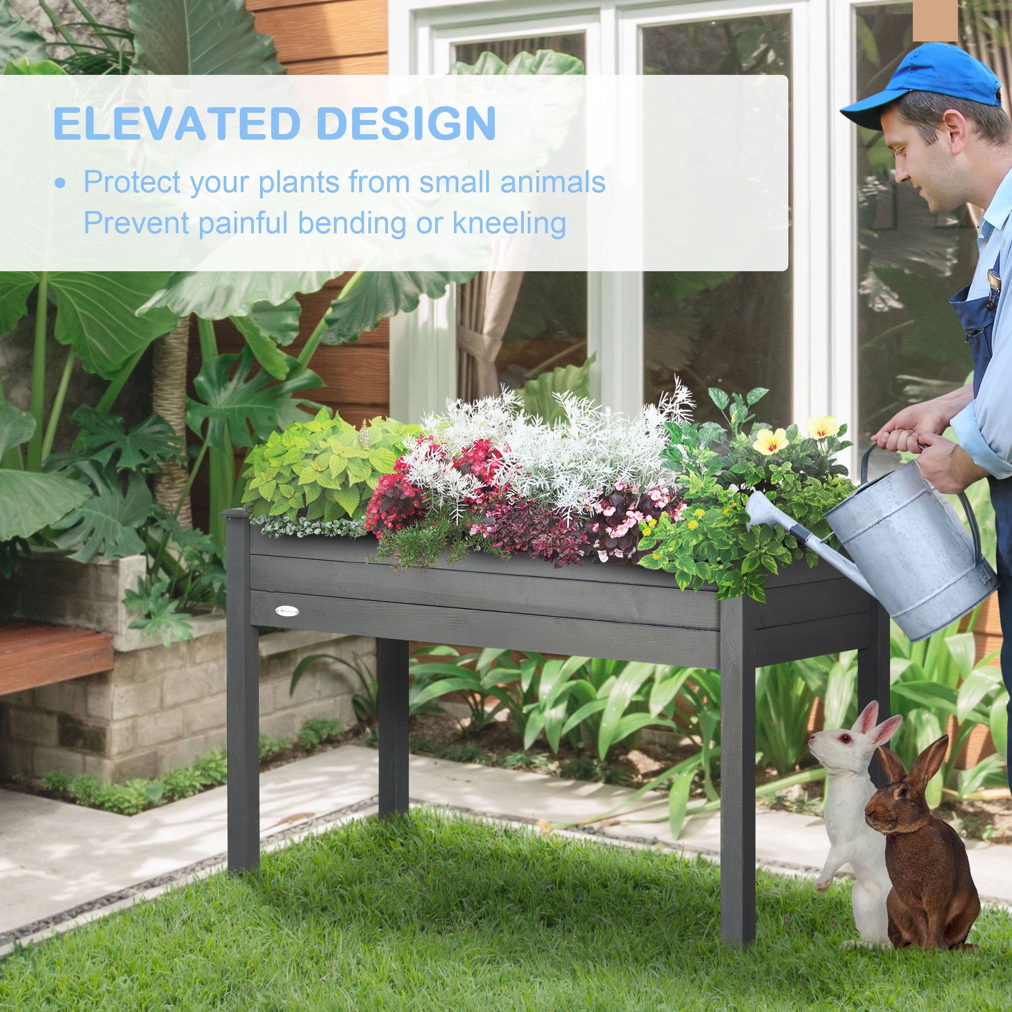 48" Raised Garden Bed, Elevated Wooden Planter Box with Holes for Vegetables, Herb, Flowers for Backyard, Dark Gray - Dark Gray - Image 5
