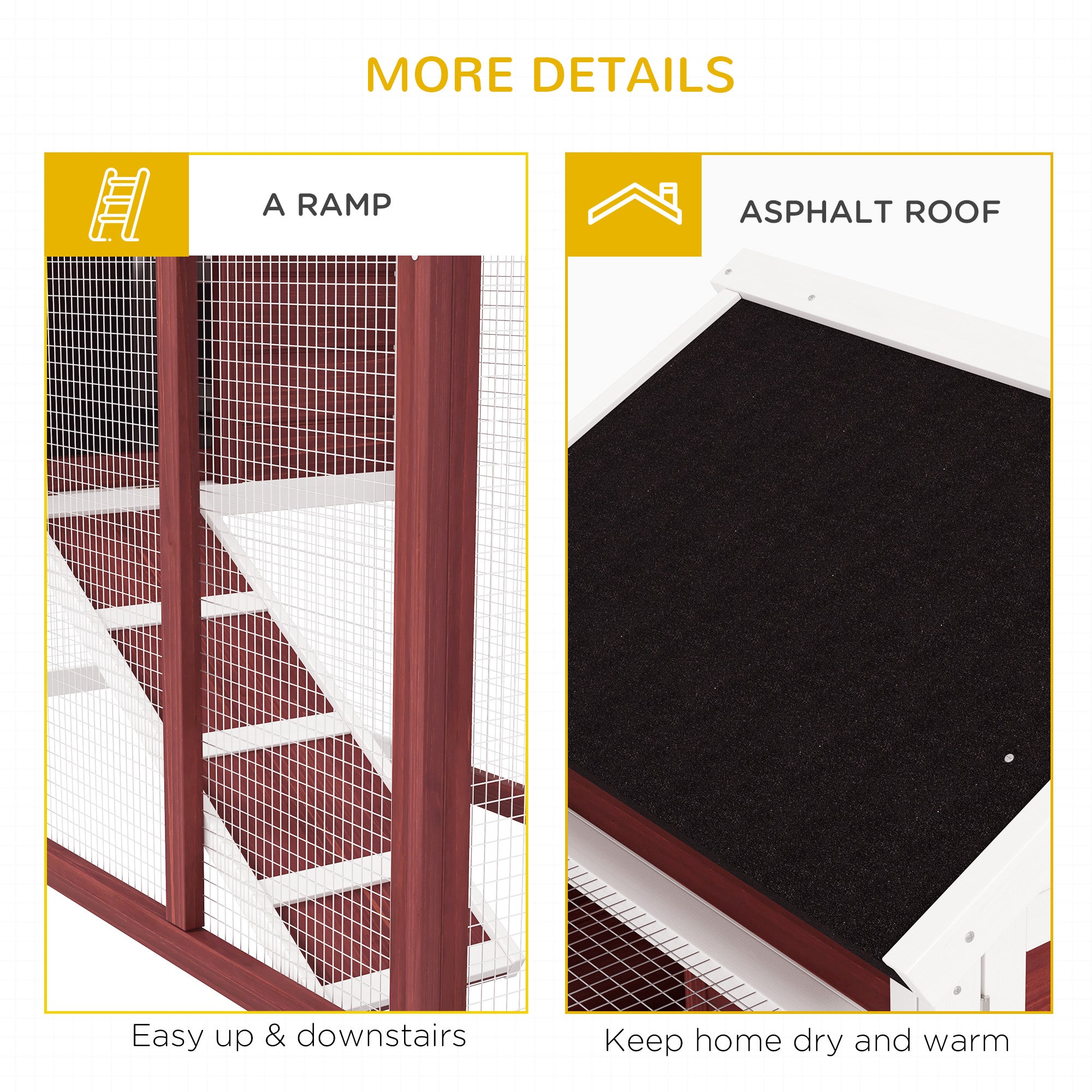 49" Wooden Rabbit Hutch Bunny Cage with Waterproof Asphalt Roof, Fun Outdoor Run, Removable Tray and Ramp, for Rabbits, Chickens, Ducks, Brown - Brown and White - Image 7