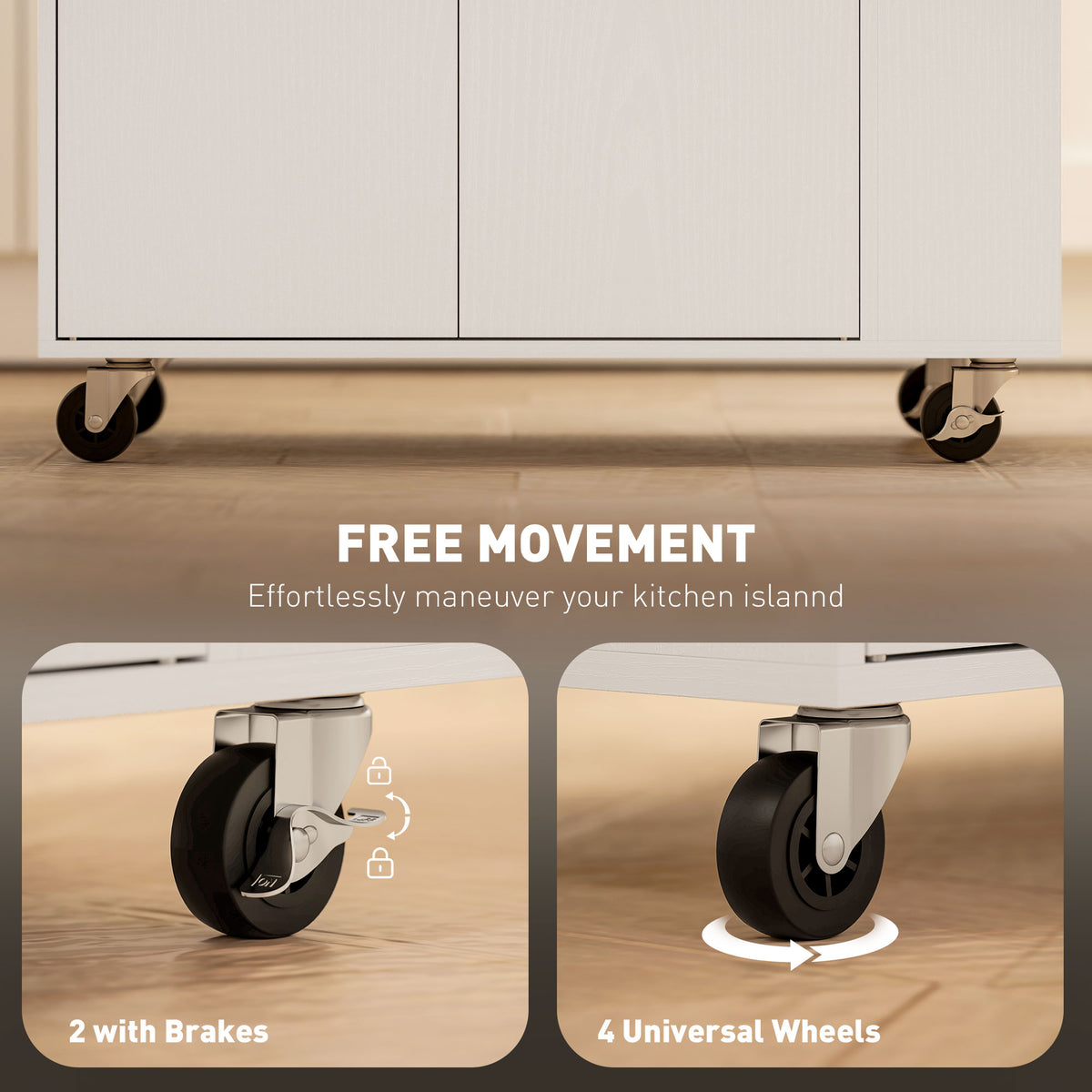 Rolling Kitchen Island with Tabletop, Kitchen Cart with Storage, Drawer, Cabinet, Spice Rack and Towel Bar, White
