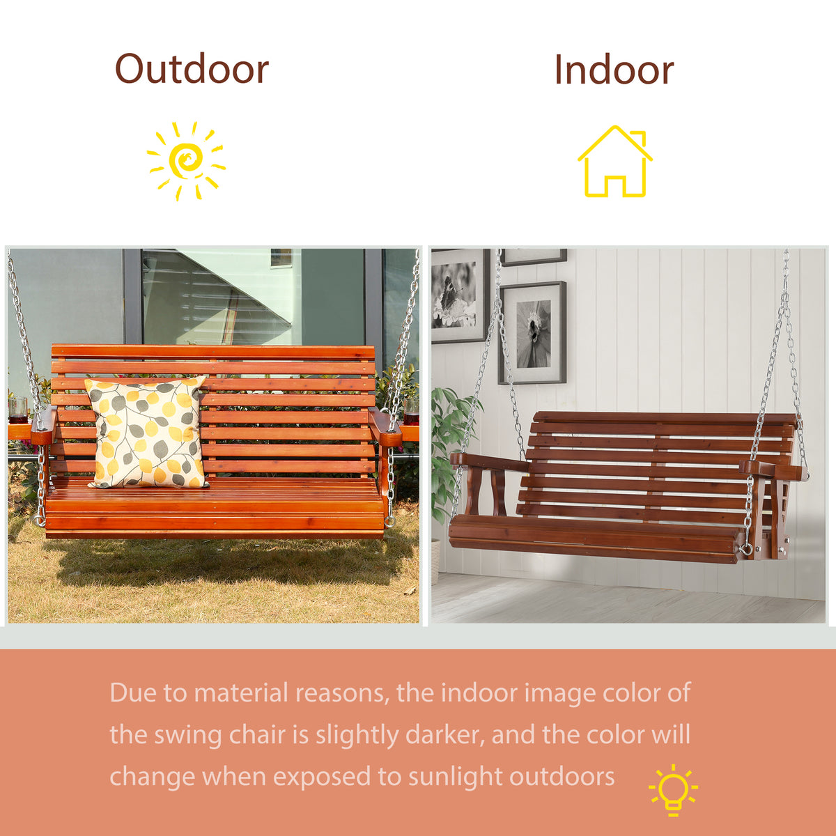Porch Swing with Chains and Cupholders, 2 Person Wooden Patio Swing Chair, 440 lbs. Weight Capacity, for Garden, Poolside, Backyard, Brown