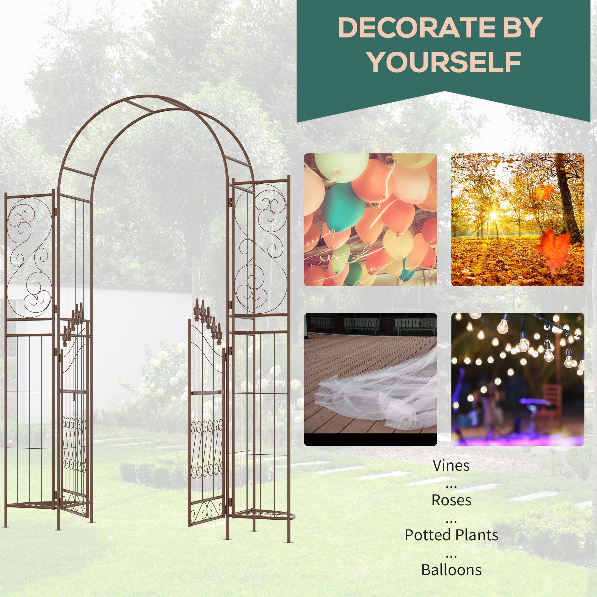 7' Metal Garden Arbor, Garden Arch with Gate, Fleur De Lis Motif, Latching Doors, Planter Shelves for Climbing Vines, Ceremony, Weddings, Party, Garden, Backyard, Lawn, Brown - Brown - Image 4