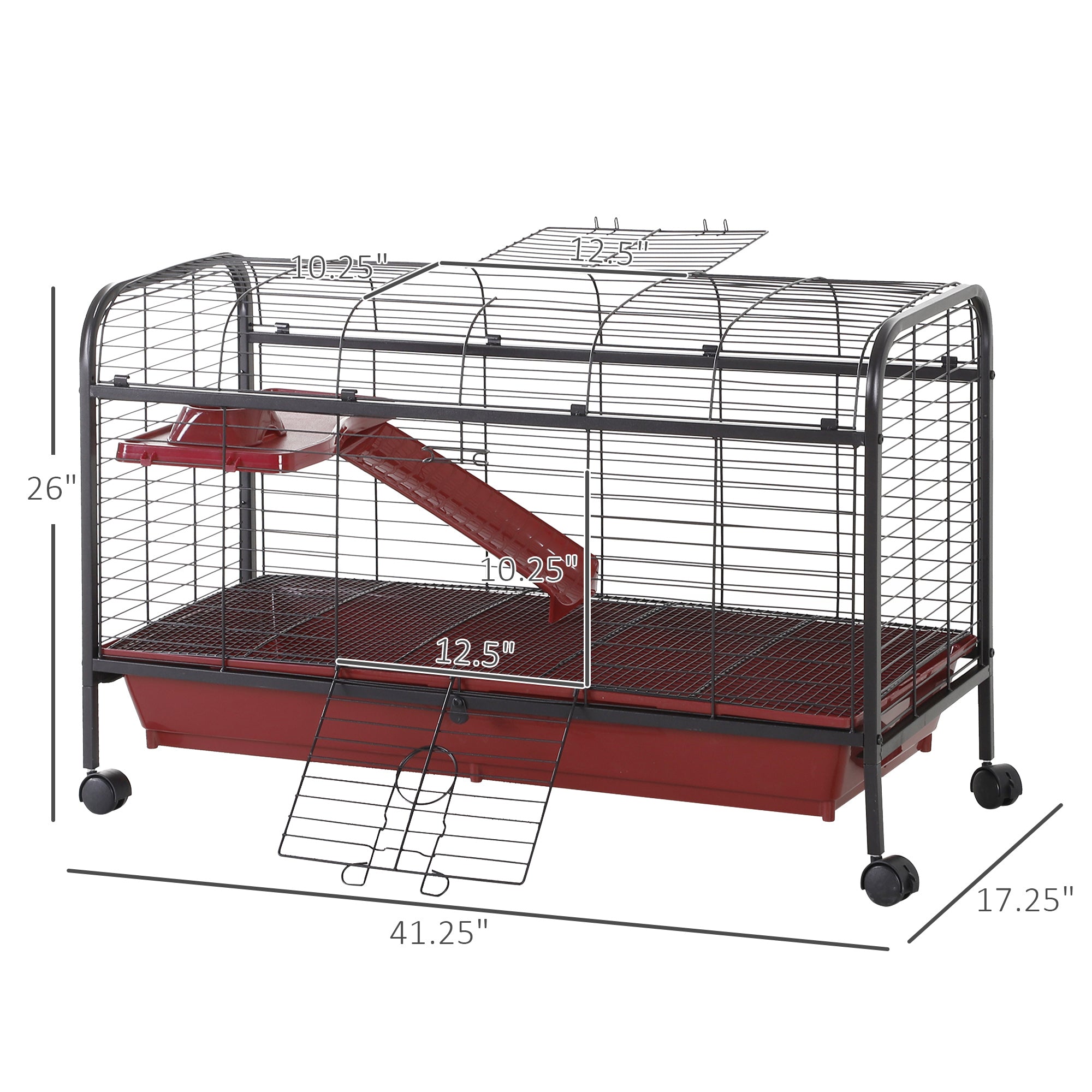 41"L Small Animal Cage, Pet Play House for Rabbit Hutch Ferret with Feeder, Rolling Wheels, Platform, Ramp - Red and Black - Image 3