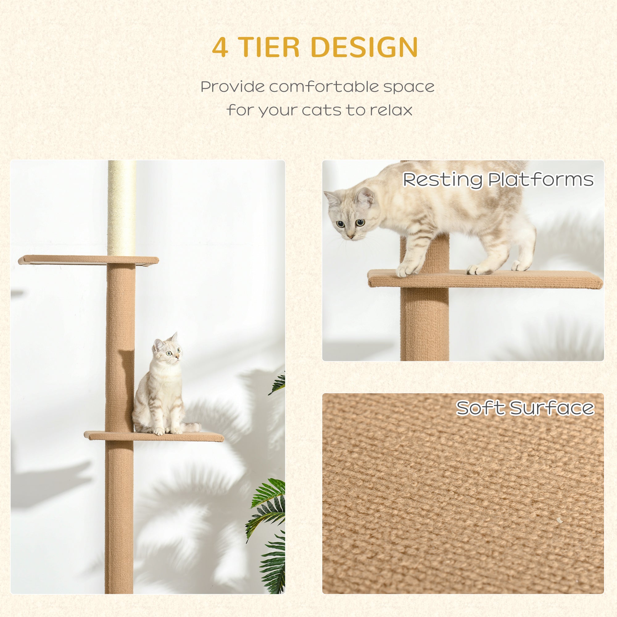 Floor-to-Ceiling Cat Tree Cat Climbing Tower with Sisal-Covered Scratching Posts Natural Cat Tree Activity Center for Kittens Cat Tower Furniture, Light brown - Brown - Image 6