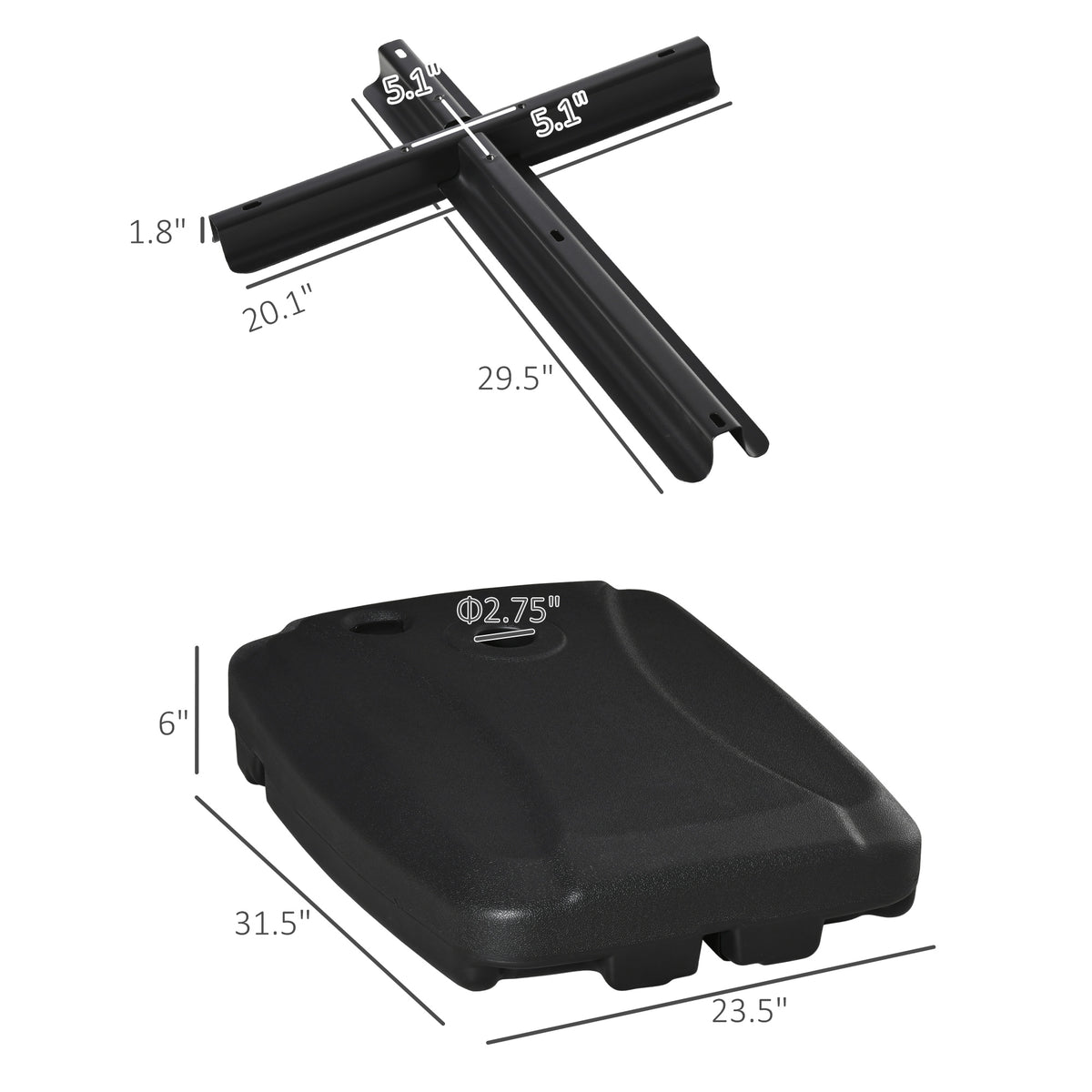 Cantilever Offset Umbrella Base Portable Square Parasol Weights with Wheels, Water and Sand Filled, Up to 165 lbs, Black