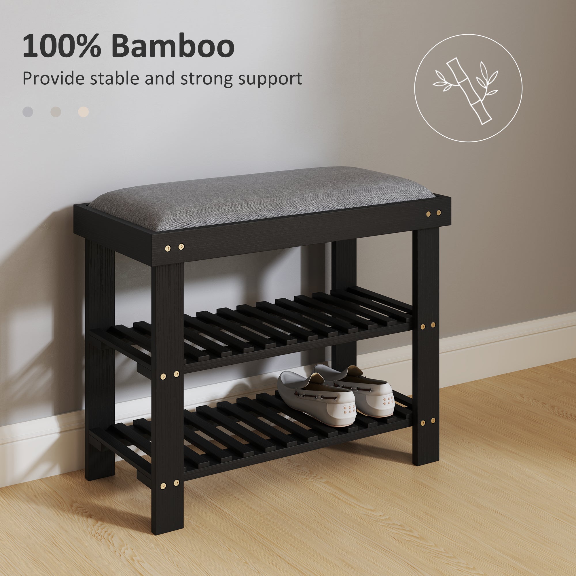 Bamboo Shoe Storage Bench, 3-Tier Entryway Bench with Cushion, Shoe Organizer for Entryway, Hallway, Black