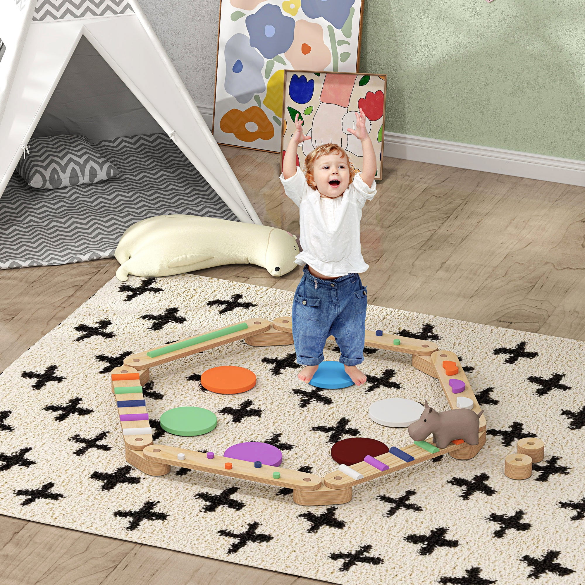 Kids Balance Beam, Wooden Balance Board with Stepping Stone for 3-8 Years