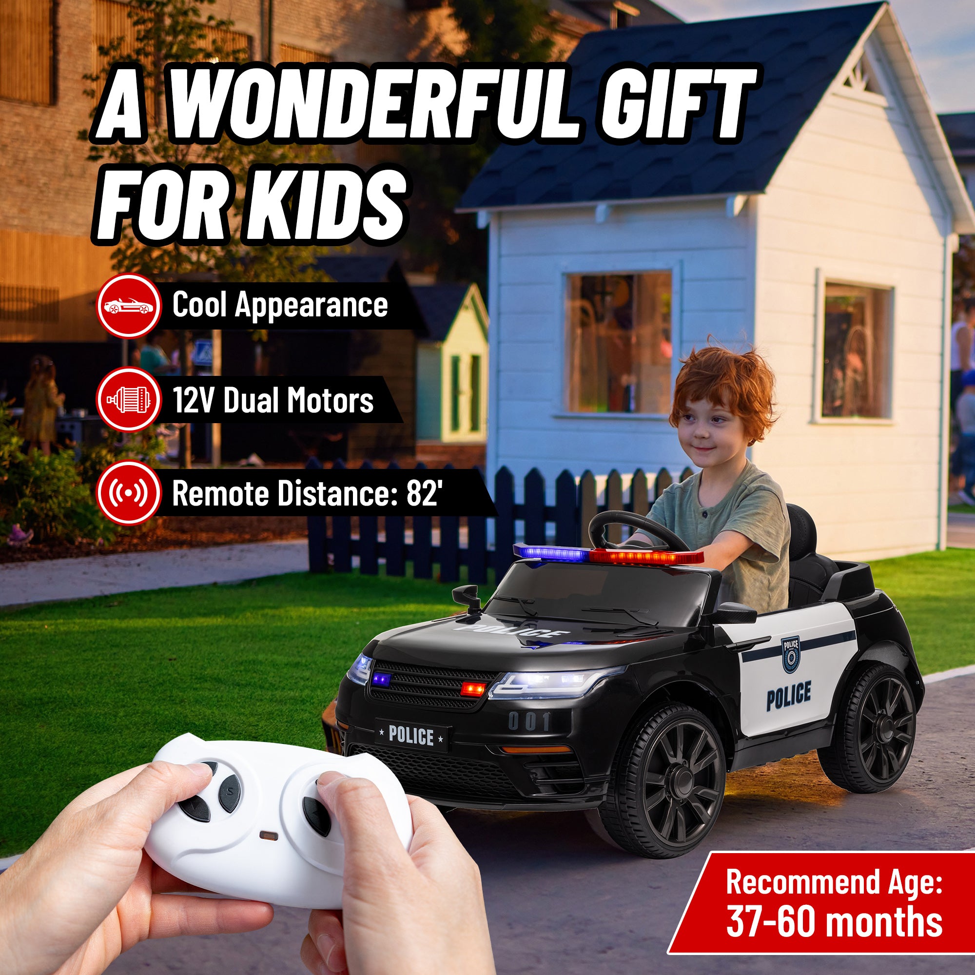 12V Kids Ride on Car w/ Remote Control, Siren, Light, Music, Spring Suspension, Horn & Transport Wheel, Black