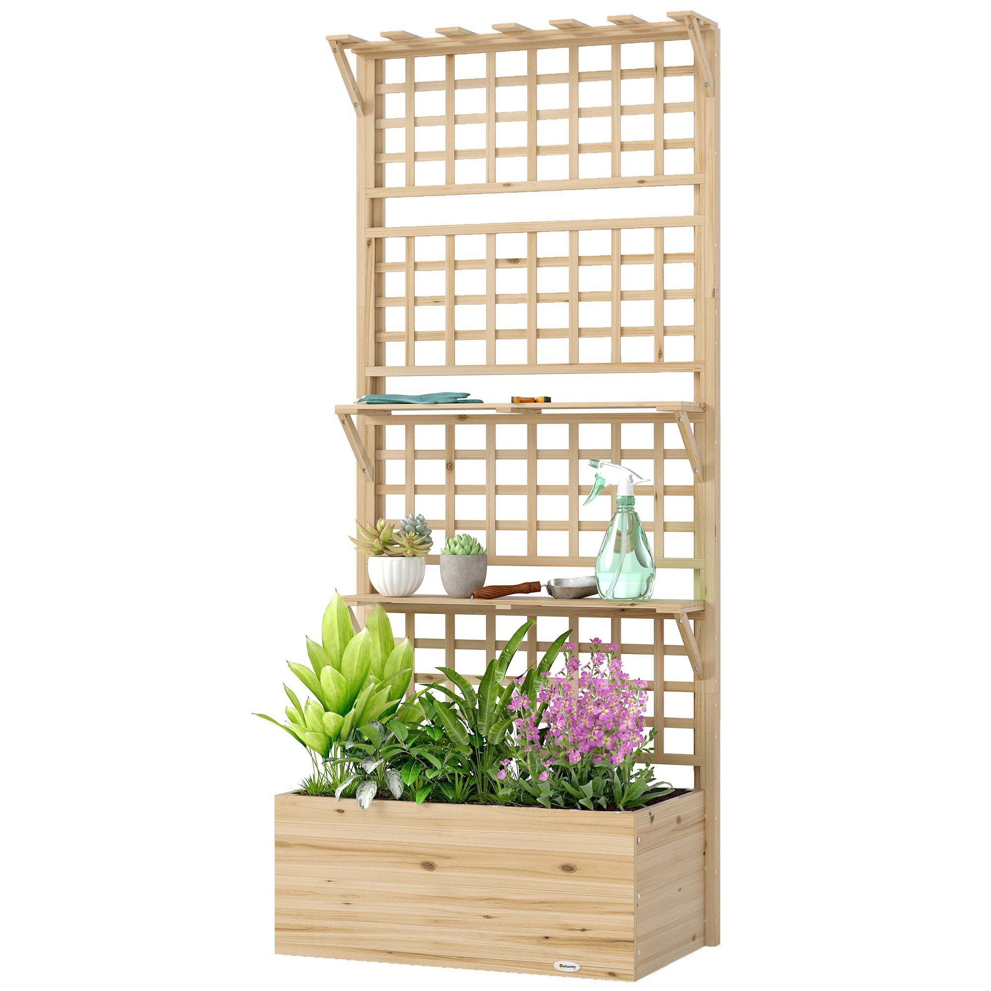 Wooden Raised Garden Bed with Trellis and Roof, Elevated Planter Box with 2 Shelves, Drainage Hole and Liner, Natural - Natural Wood