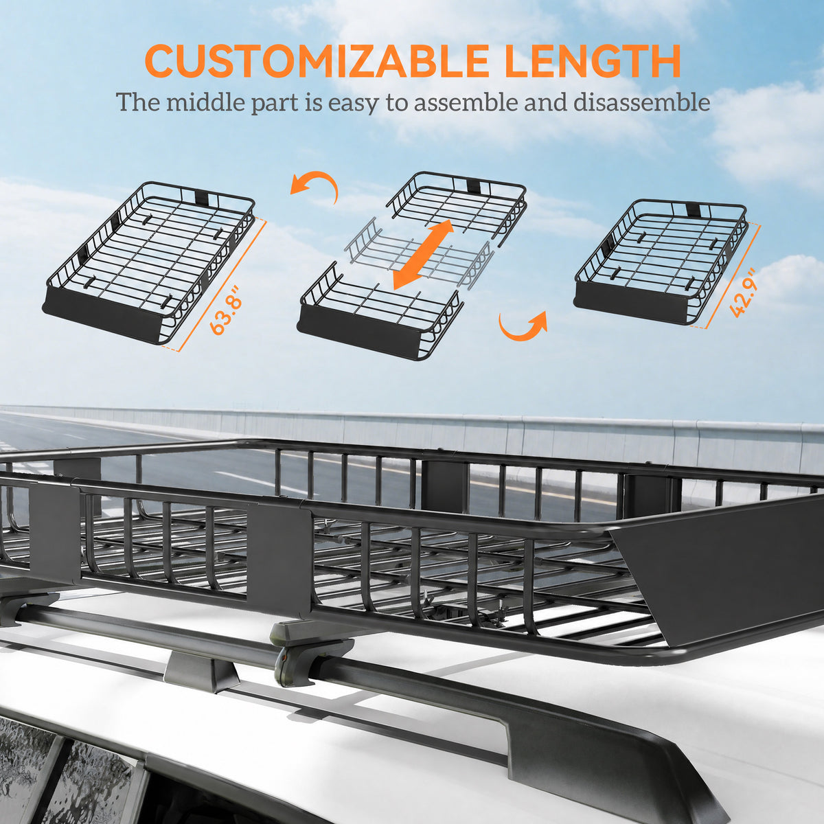Car Roof Rack Basket, 64" x 39" x 6" Adjustable Cargo Basket for Cars, SUVs, Vans and RVs, 220 lbs Capacity, Black