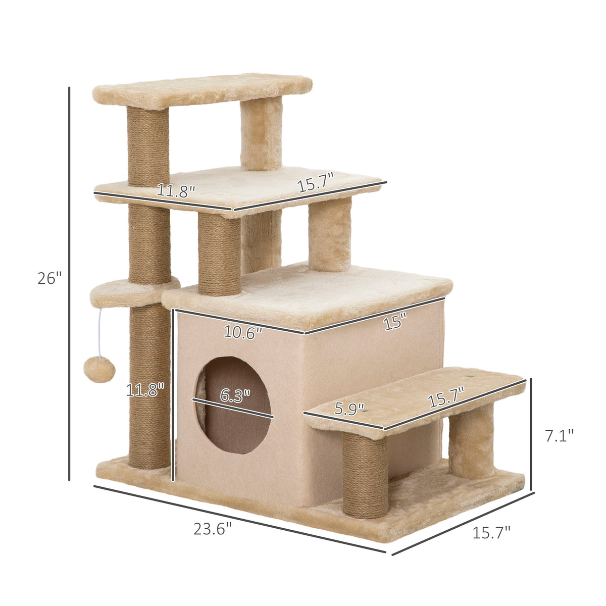 Adjustable Height 3 Step/4 Step Cat Stairs w/ Jute Cat Scratching Post, Cat Condo, Toy Ball, for Bed, Sofa, Couch, Beige