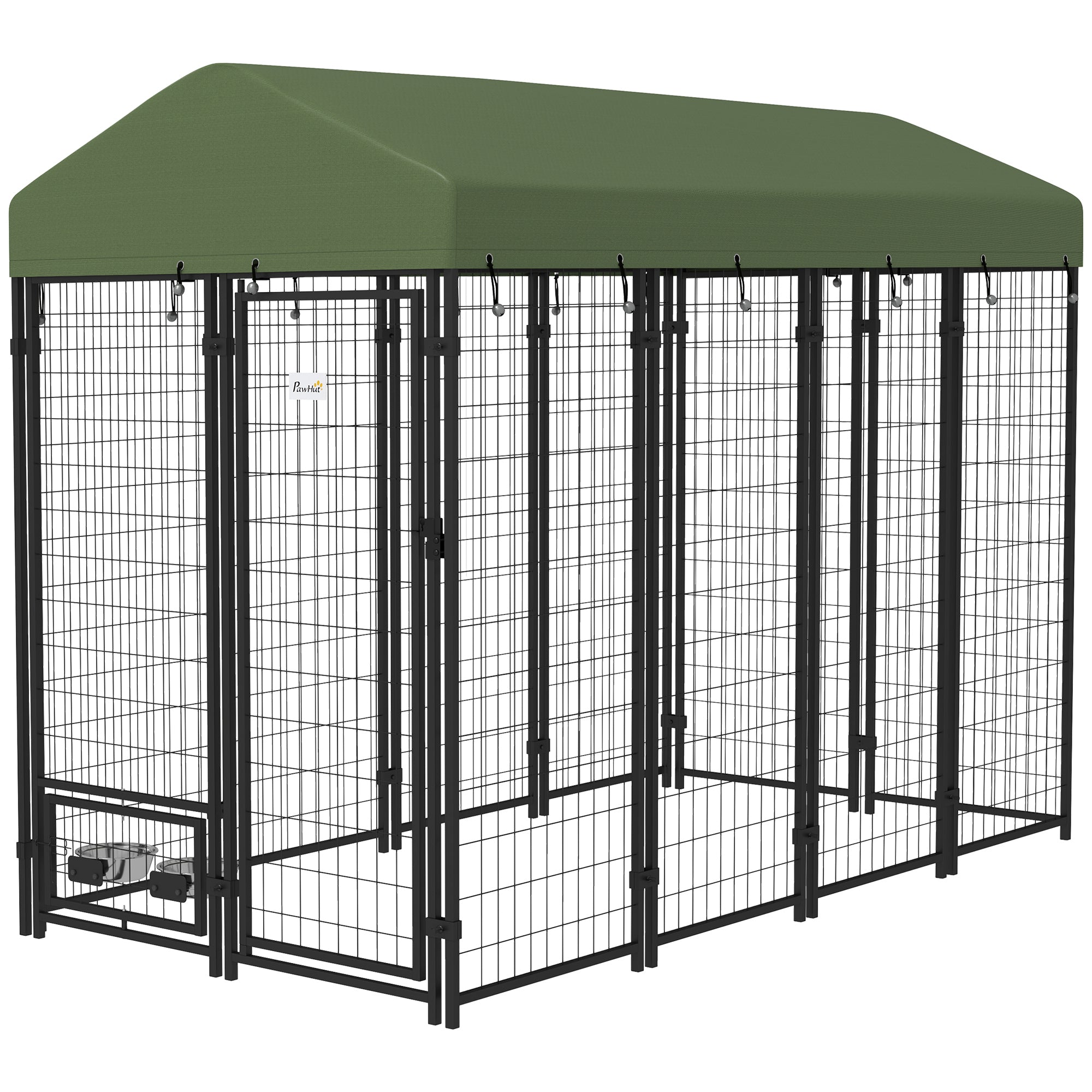 Outdoor Dog Kennel with Rotating Bowl Holders, Pet Playpen with Waterproof Cover, 8' x 4' x 6', Green - Green