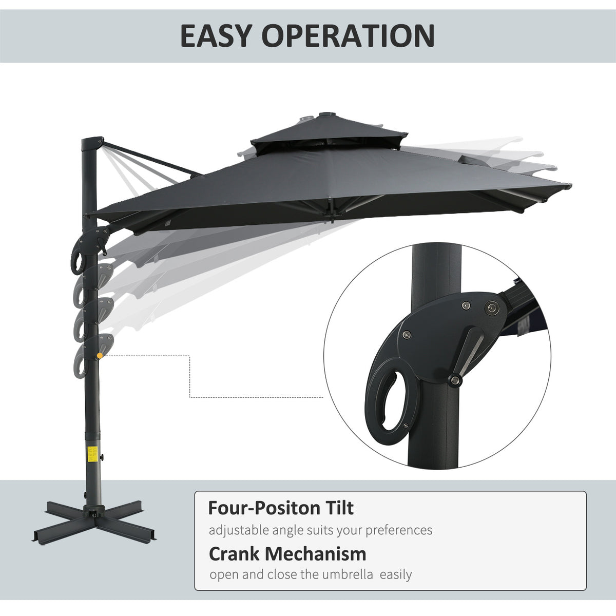 10ft Offset Patio Umbrella, Hanging Cantilever Umbrella, Square Shape, Aluminum Cross Base, Tilt, 360-Degree Rotation, Gray