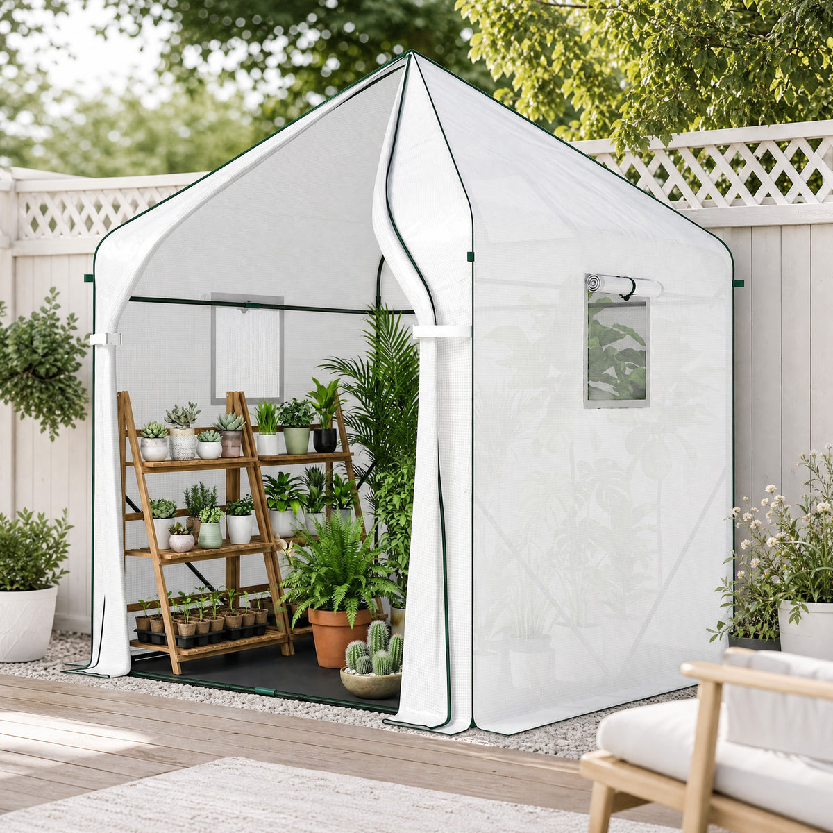 Walk-in Greenhouse, 63" x 63" x 78.7", Roll-Up Door, 3 Mesh Windows, PE Cover, Steel Frame, White