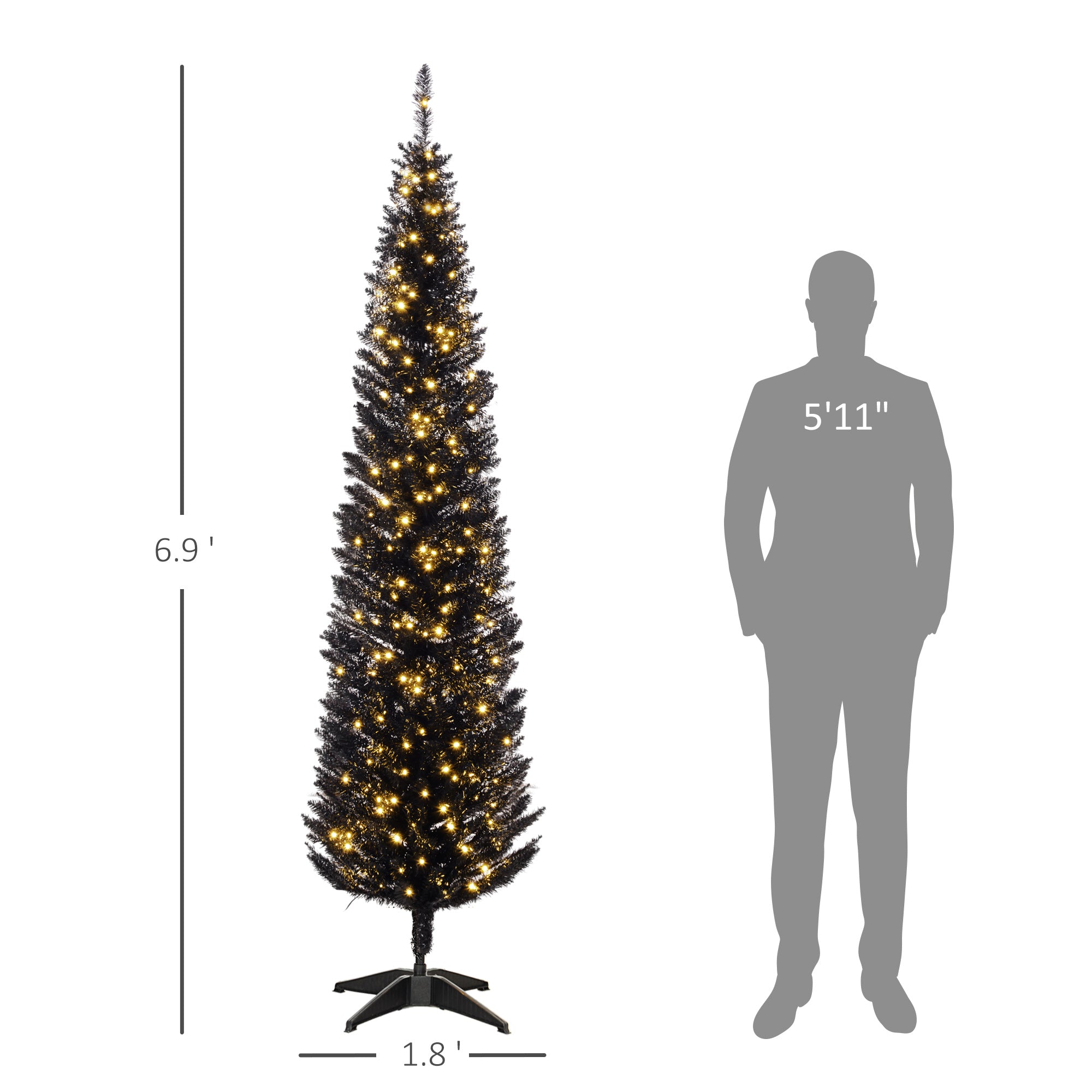 7ft Pencil Christmas Tree, Slim Artificial Christmas Tree with Realistic Branches and Warm White LED Lights, Black