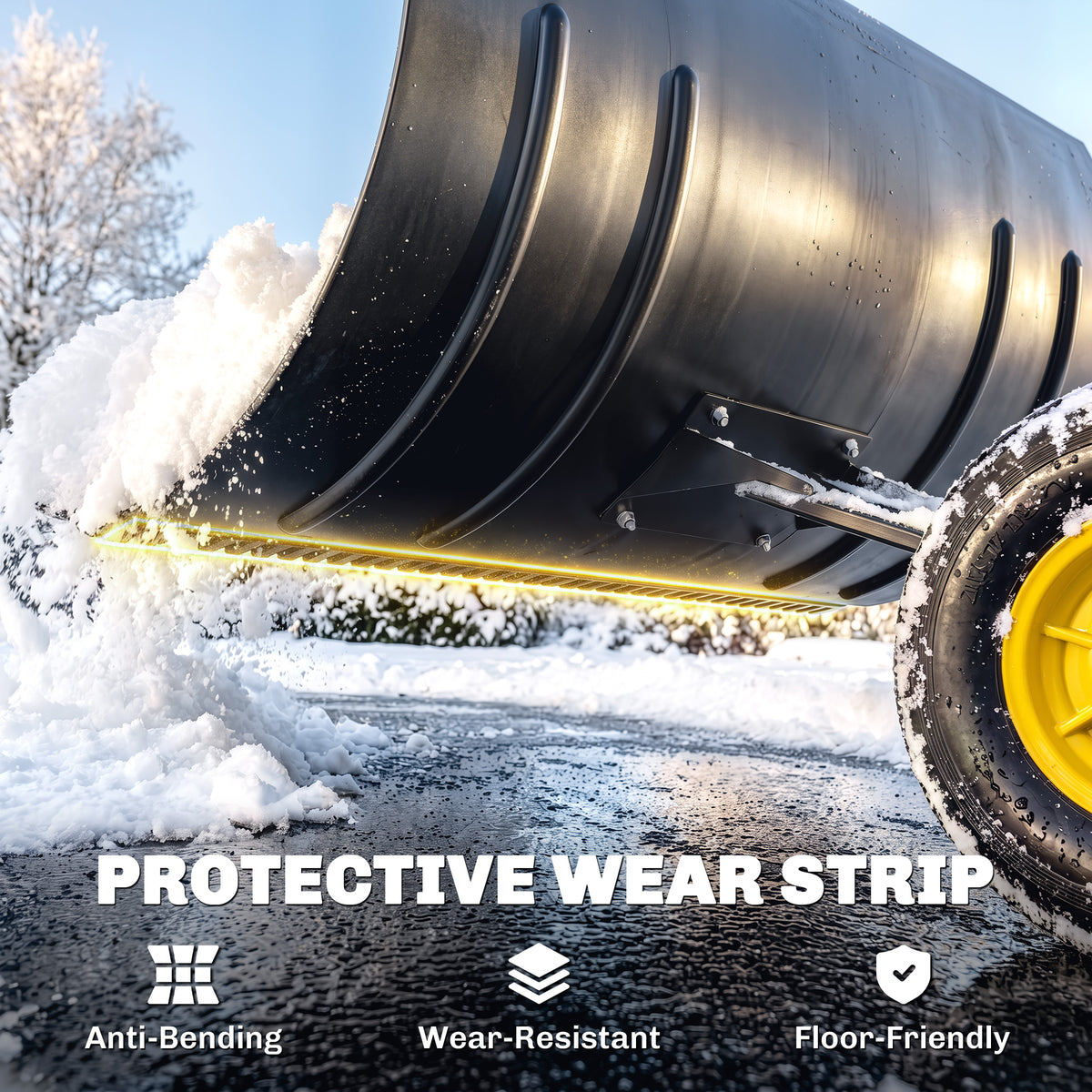 Snow Shovel with Wheels, 29" Metal Snow Pusher with Adjustable Handle, 7-Angle Blade, Wear Strip for Driveway, Yellow