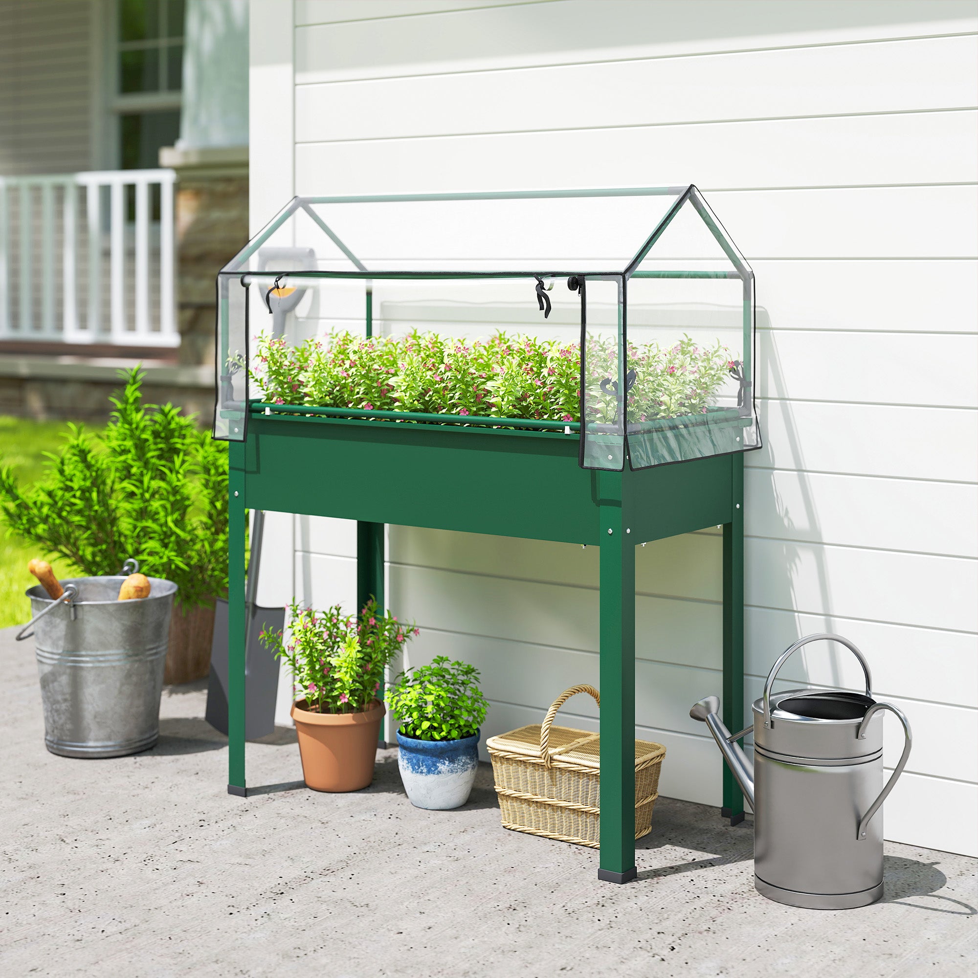 Elevated Garden Box with Greenhouse Cover, Raised Garden Bed with Legs and Drainage Hole for Vegetables, Green - Green - Image 2