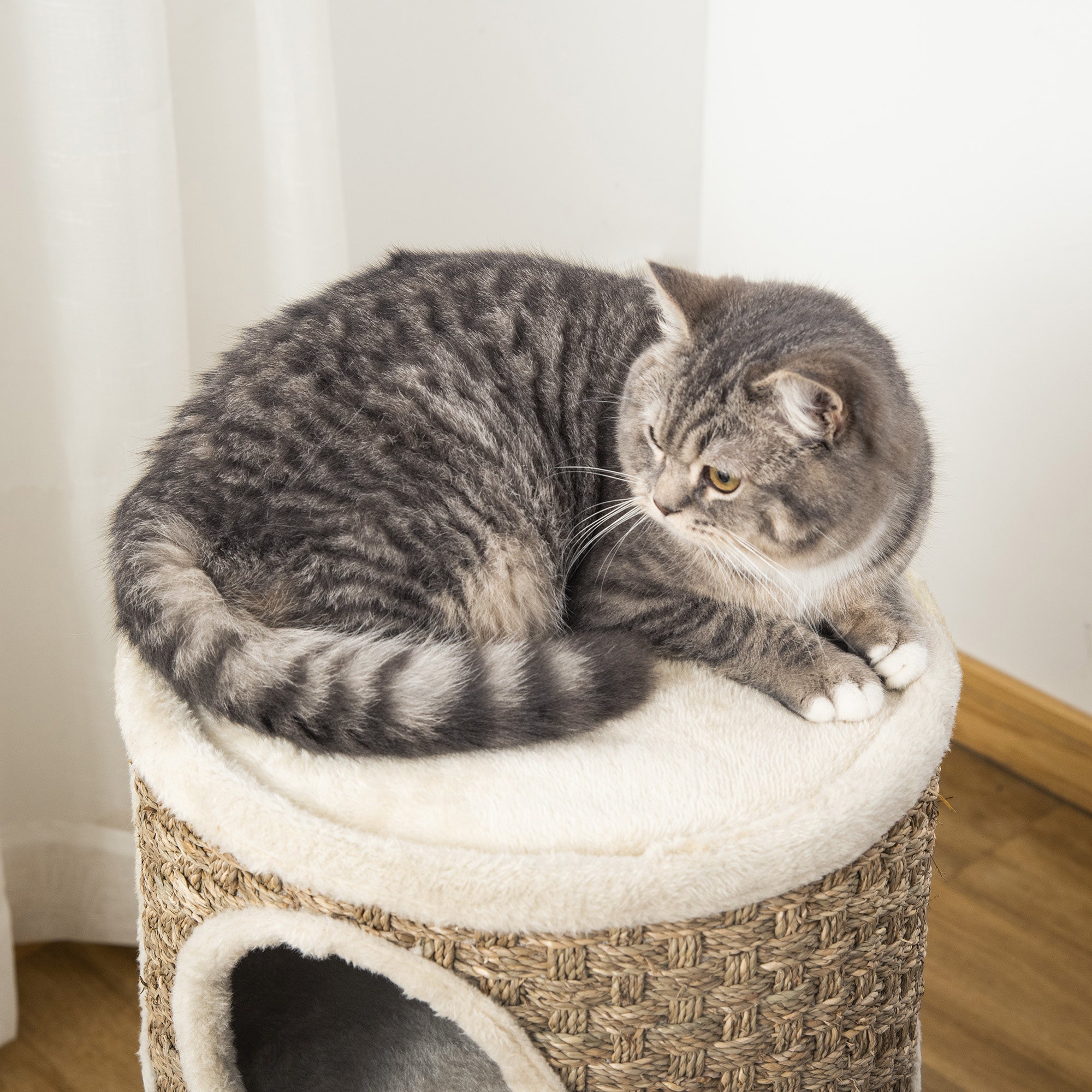 28 Inch Cat Condo, 3 Story Cat Hideaway with Sisal Scratching Pad - Khaki - Image 8