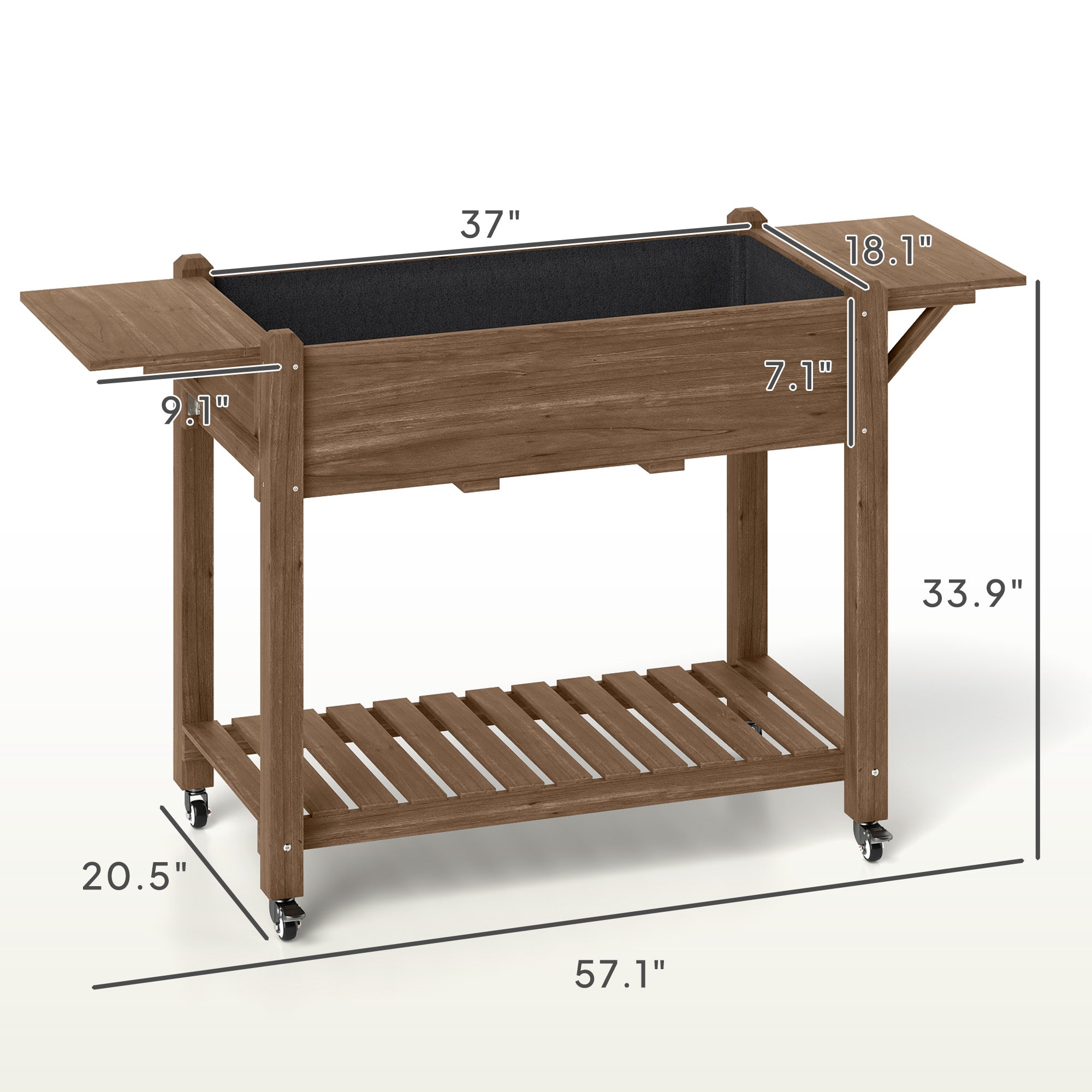 Wood Raised Planter Box, Elevated Garden Bed with Lockable Wheels, Side Tables, Bottom Shelf, Drain Holes, Carbonized - Carbonized - Image 3