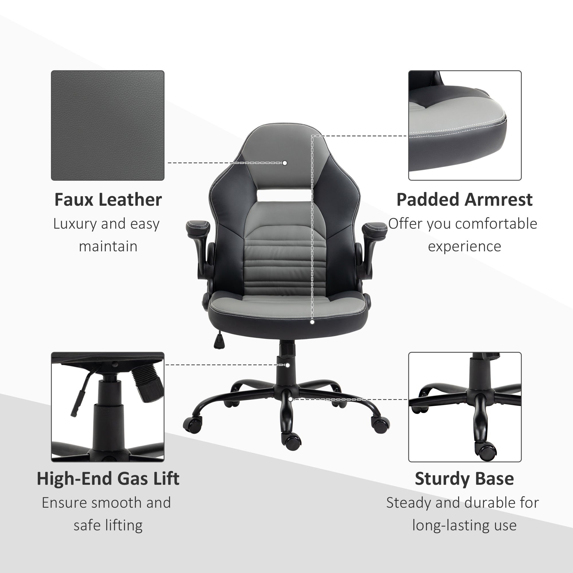 PU Leather Gaming Chair with Flip-up Armrests, Racing Style Computer Chair, Height Adjustable Home Office Chair with Swivel Wheels and Tilt Function, Gray