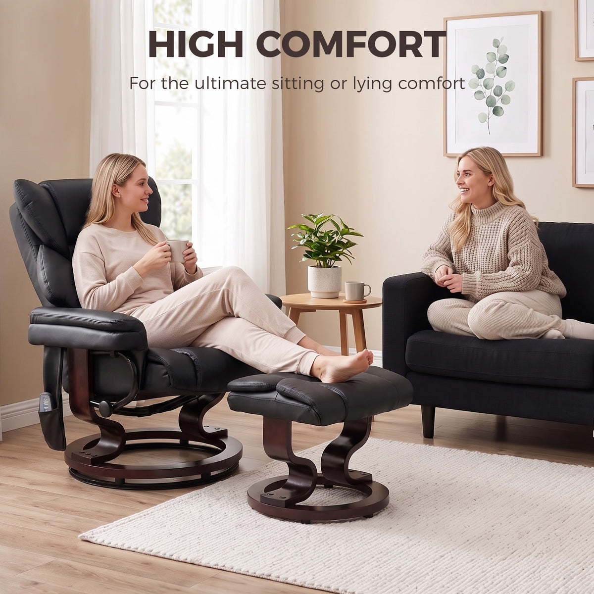 Massage Recliner Chair with Footrest, Swivel Armchair, Wrapped Wood Base, 10 Massage Points, Faux Leather, Black